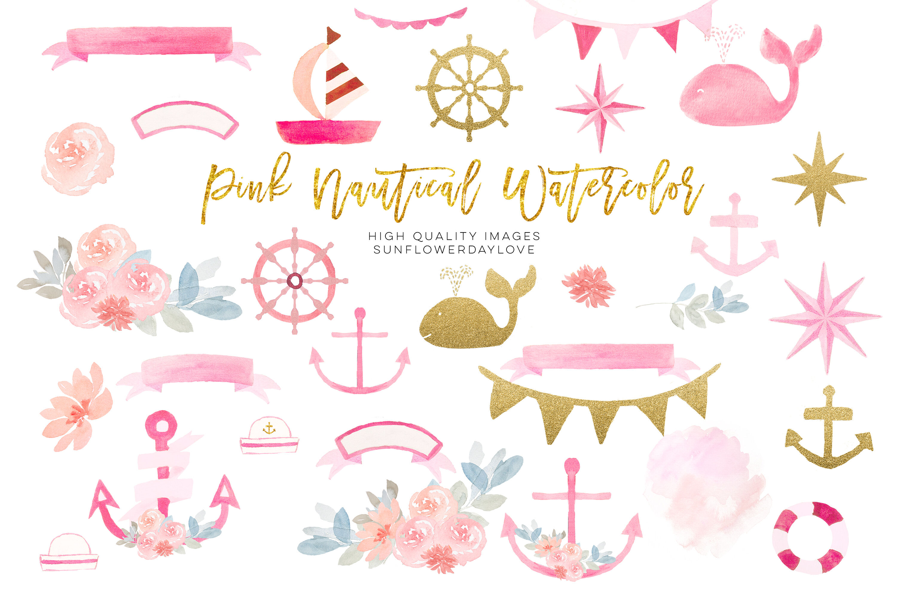 Gold and Pink Nautical Clipart, Anchor clip art, Sailboat clip art