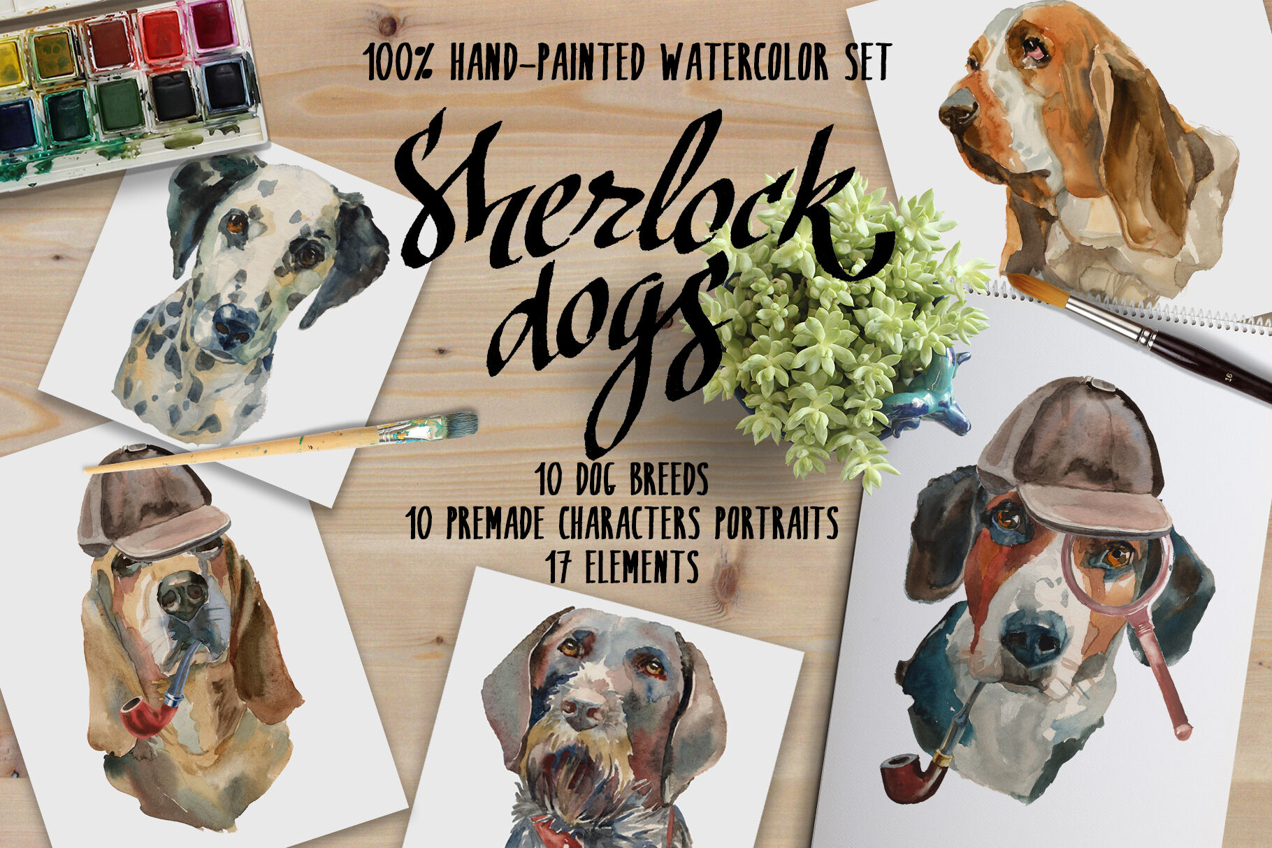 Sherlock Dogs Watercolor Set By Malena Thehungryjpeg Com