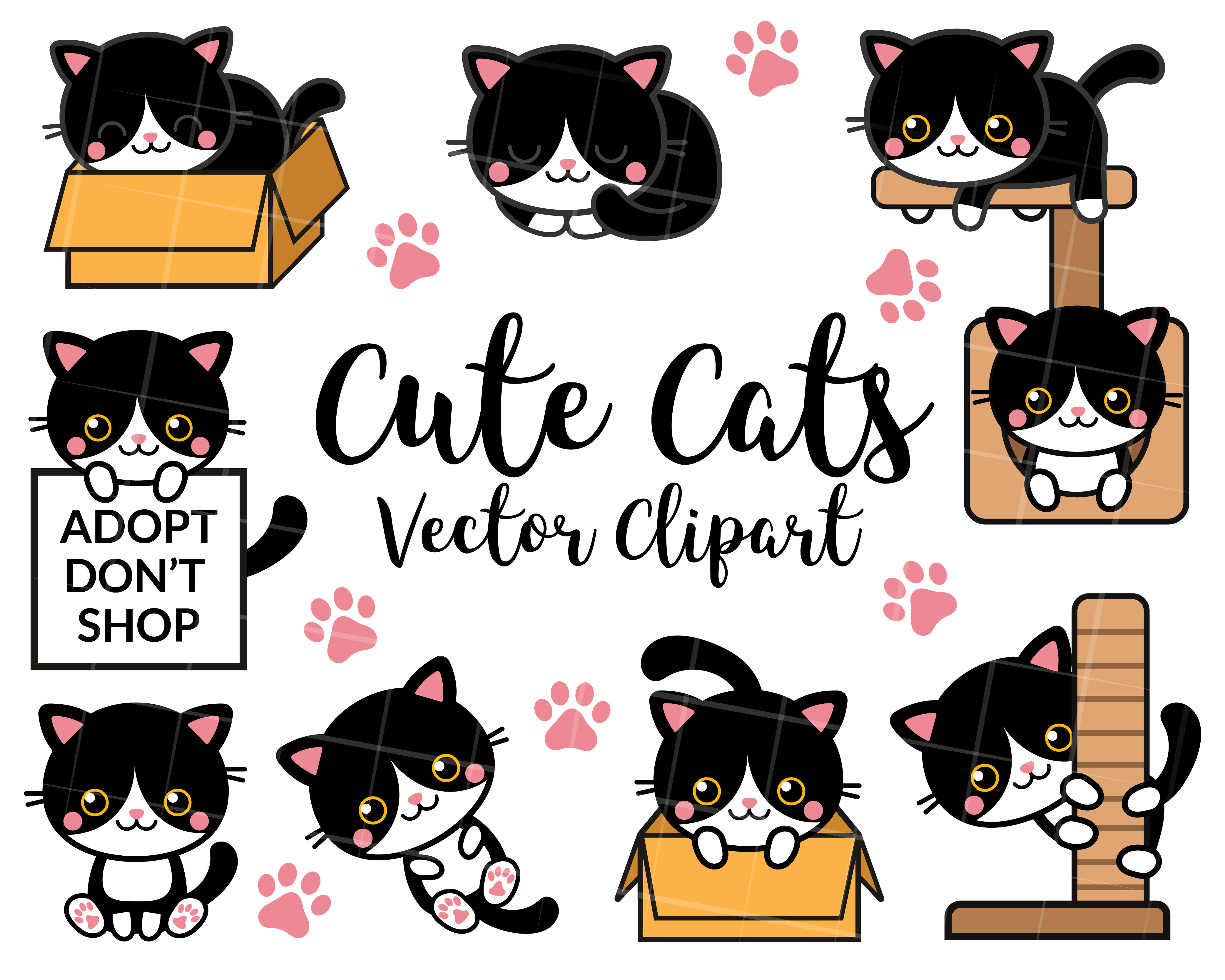 Vector Clipart Kawaii Cats Cute Cats Clipart Set High Quality Vectors ...