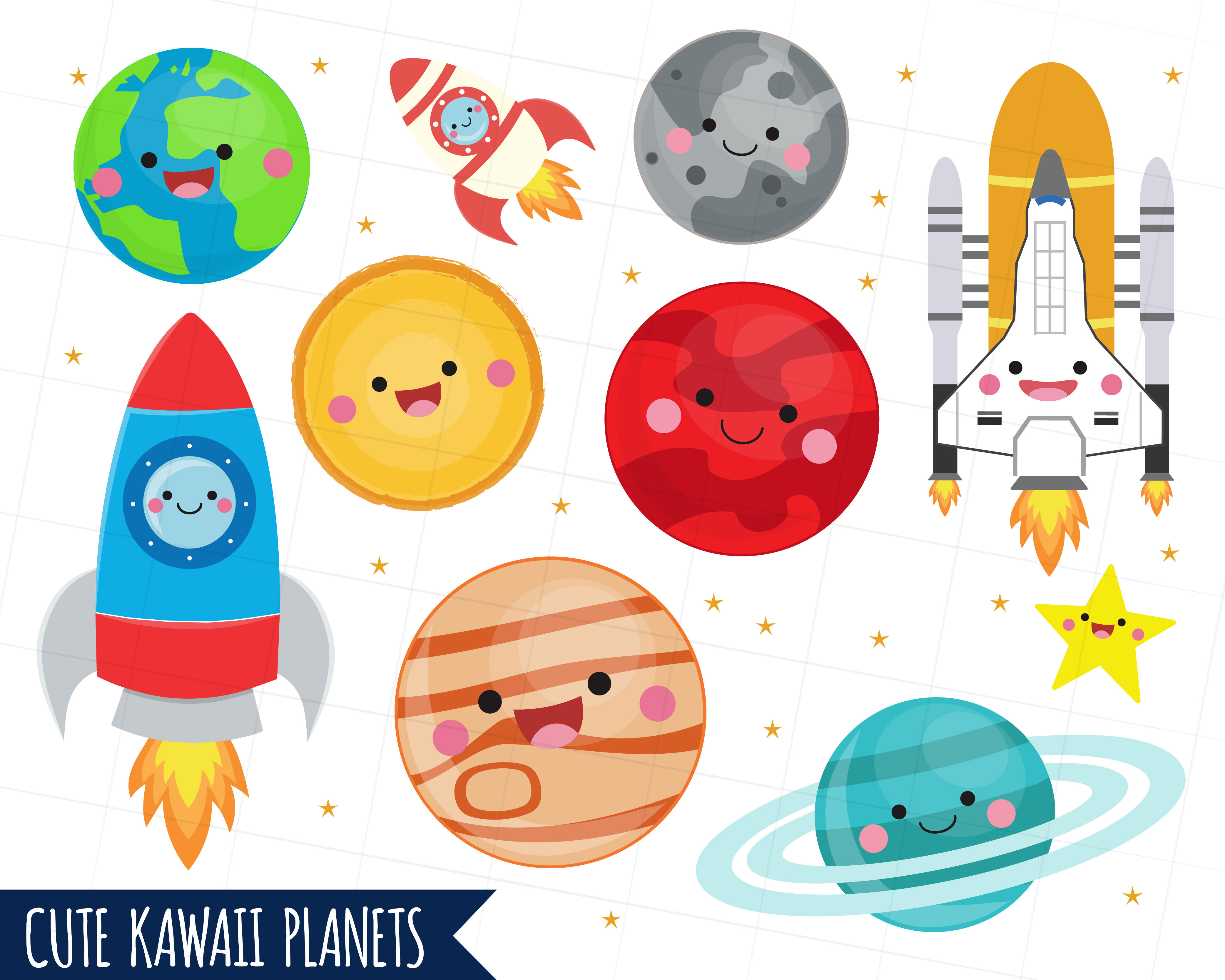Solar System clipart, kawaii planets graphics, Space ...