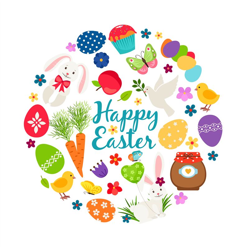 Cartoon spring happy easter printable vector banner with eggs, bunnies ...