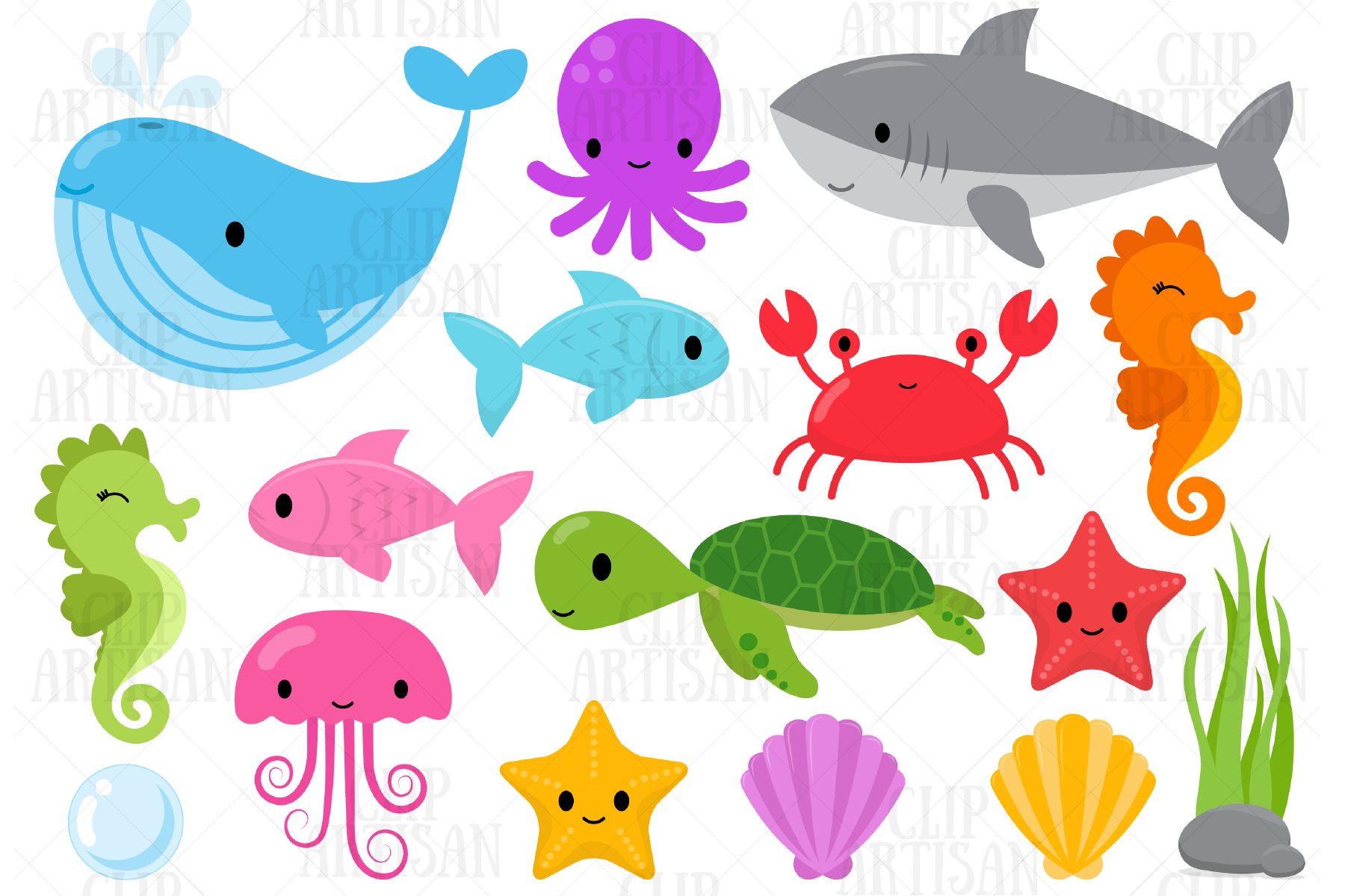 Sea Animals Clip Art, Ocean Creatures By ClipArtisan | TheHungryJPEG