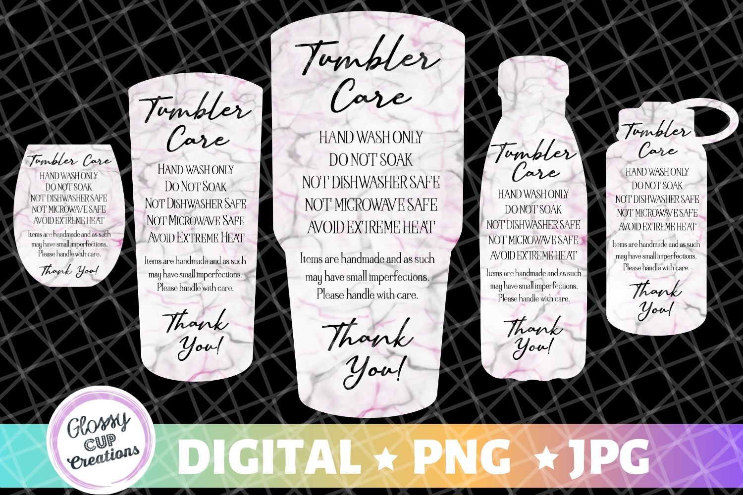 Tumbler Care Cards - Black and Pink Marble - 5 Pack! By Glossy Cup  Creations
