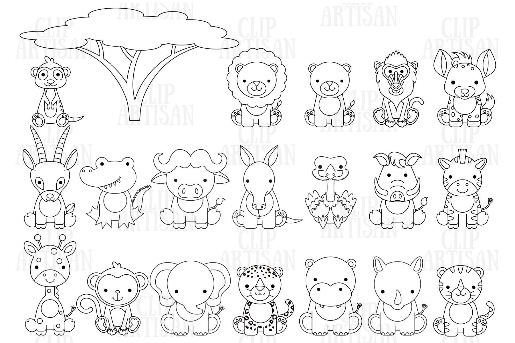Baby Jungle Animals Clipart Black And White