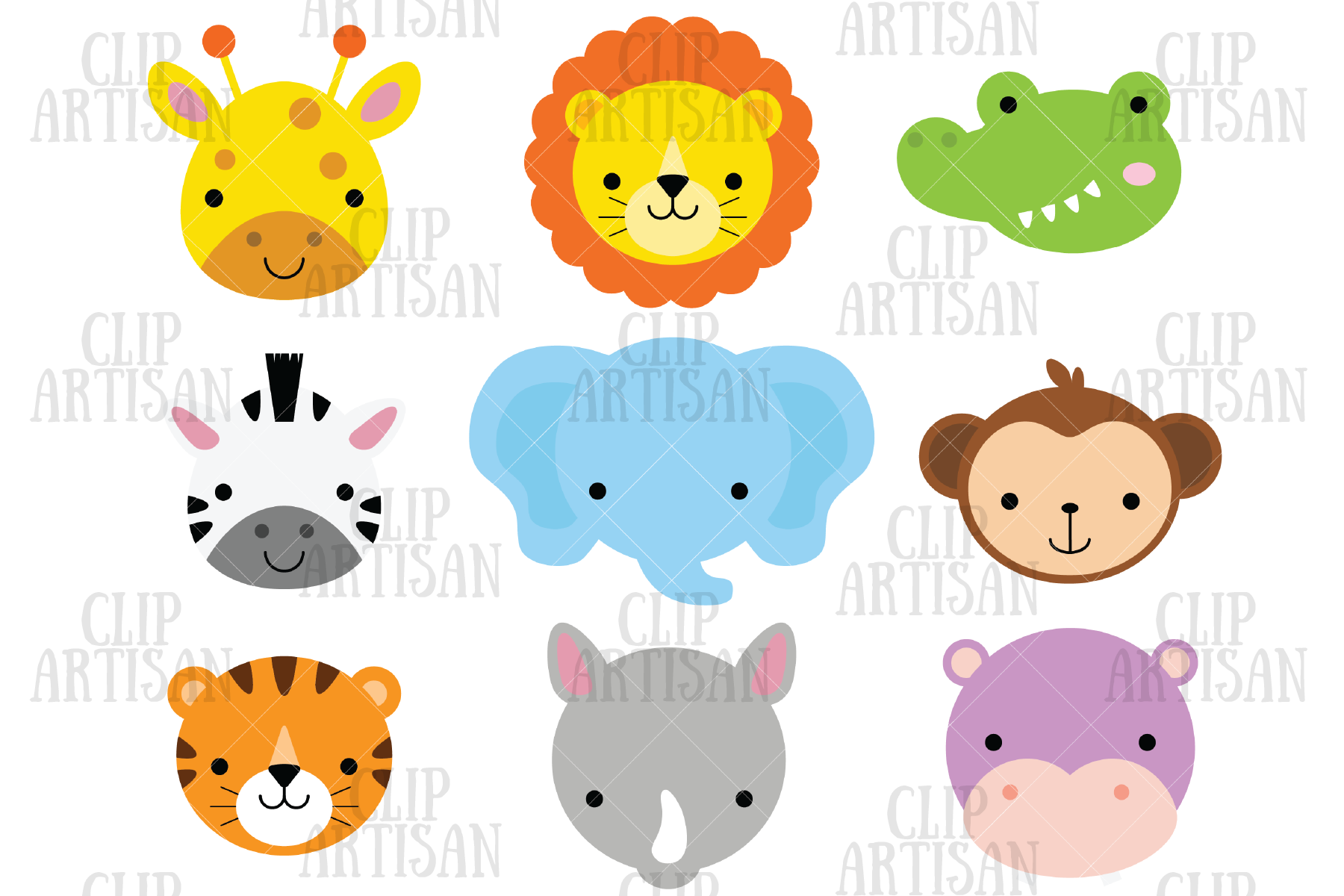 African Animal Faces Clipart, Safari Animal Faces By ClipArtisan |  TheHungryJPEG
