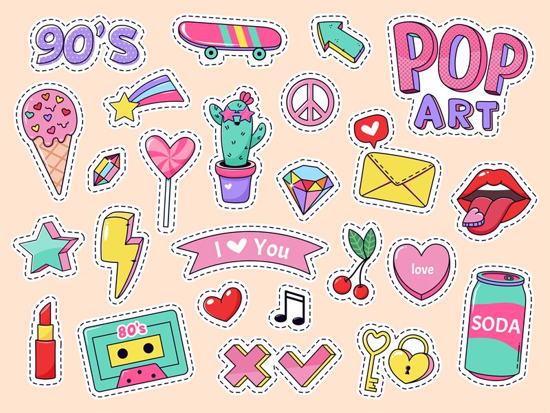 Kids Fashion Badges, Patches, Stickers in Comic Style Education