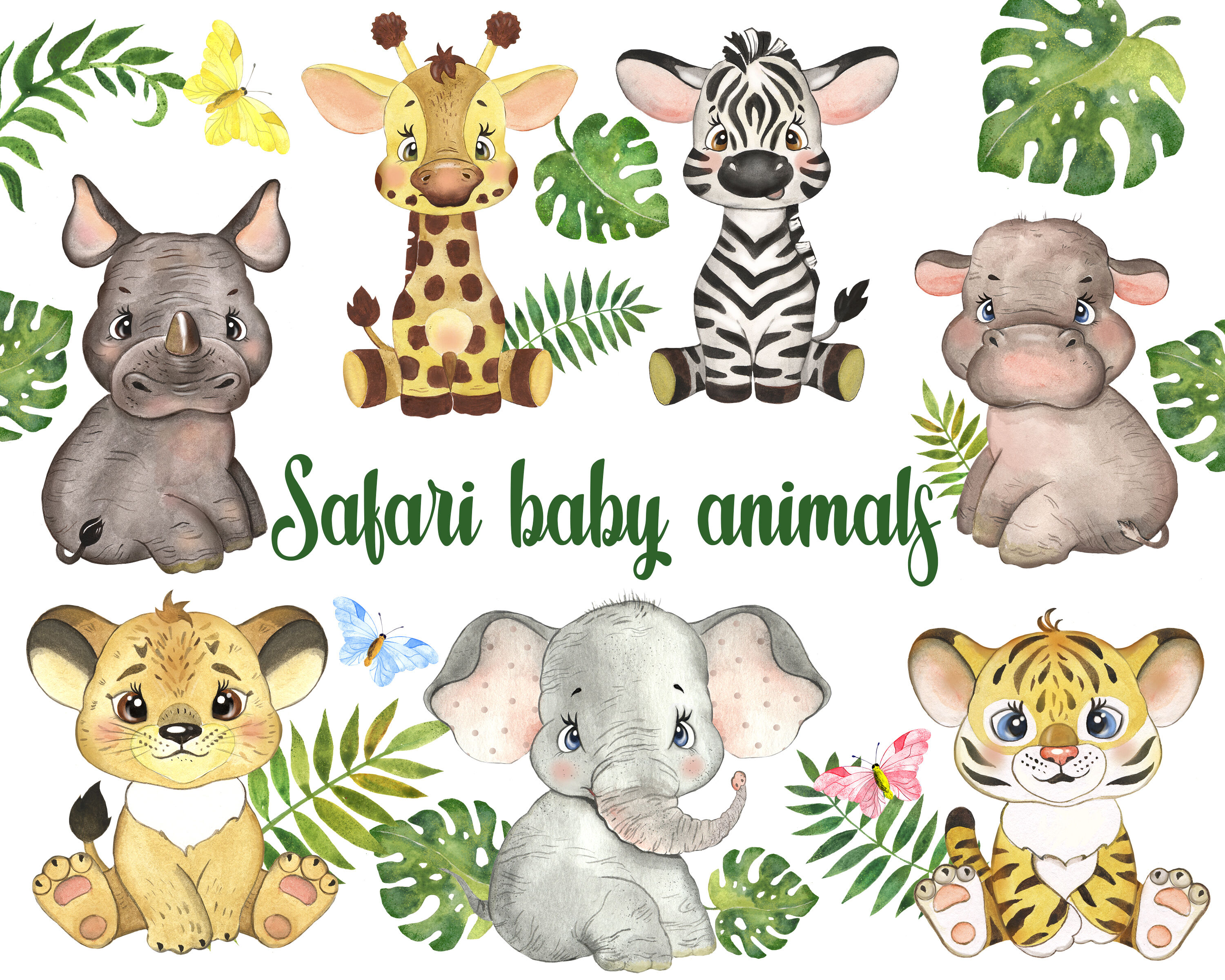 Safari baby animals digital watercolor clipart. Nursery prints By