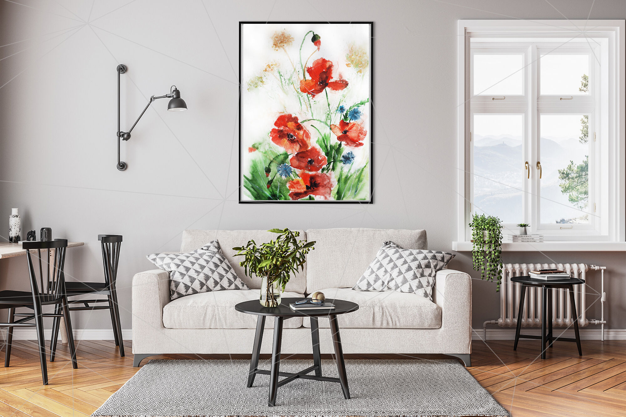 watercolor Botanical illustration of flowers and poppies, landscape By ...