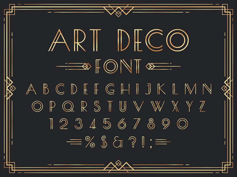 Golden art deco font. Luxury decorative 1920s geometric letters, ornam ...