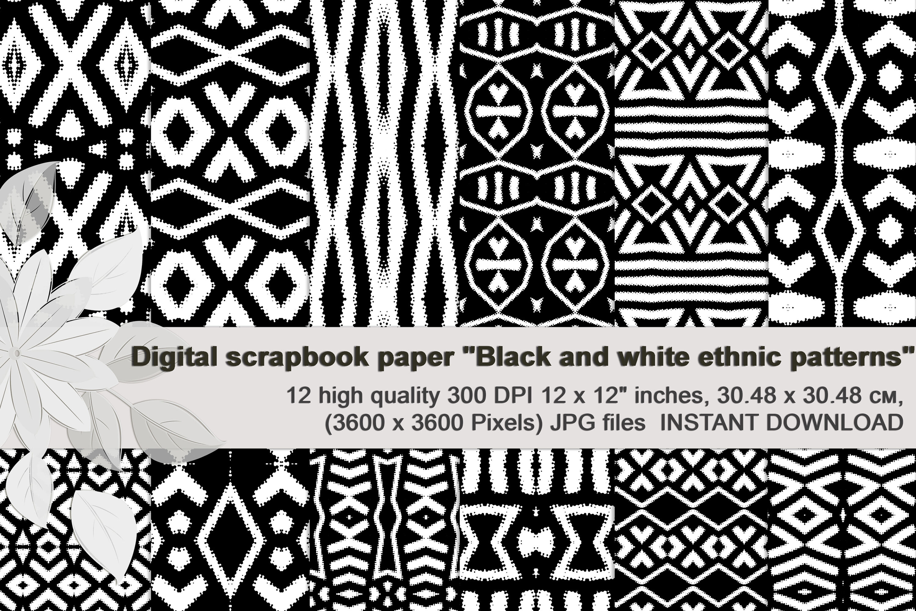 Black-White, aztec ethnic patterns, Digital Scrapbook Paper By