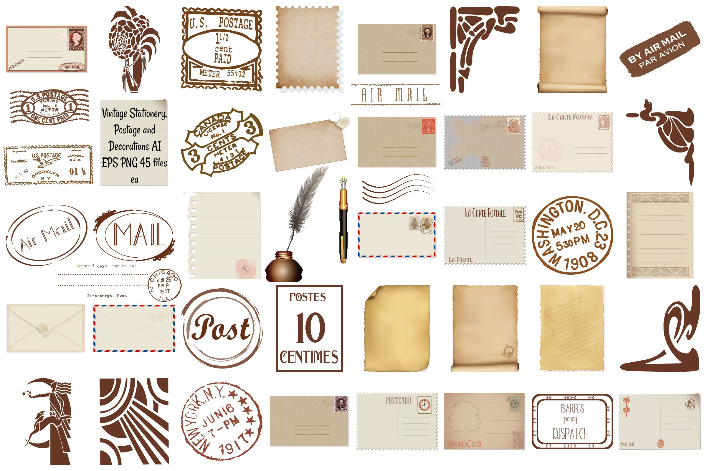 Vintage Stationery, Postage and Elements AI EPS PNG By Me and Ameliè