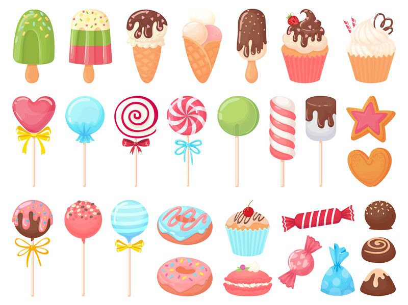 Cartoon sweets. Sweet ice cream, cupcakes and chocolate candies. Delic