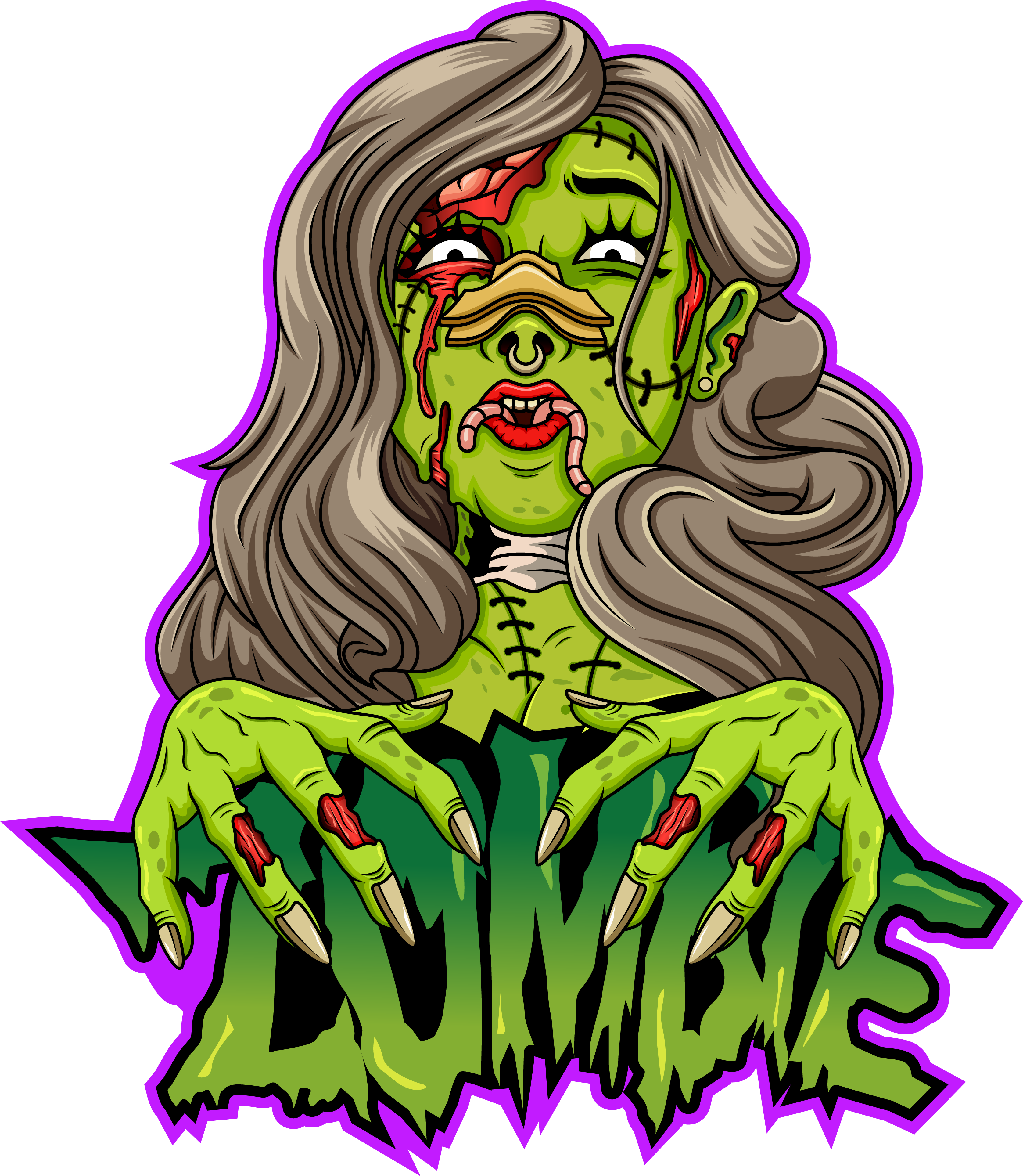 Scary zombie female cartoon head By Visink | TheHungryJPEG