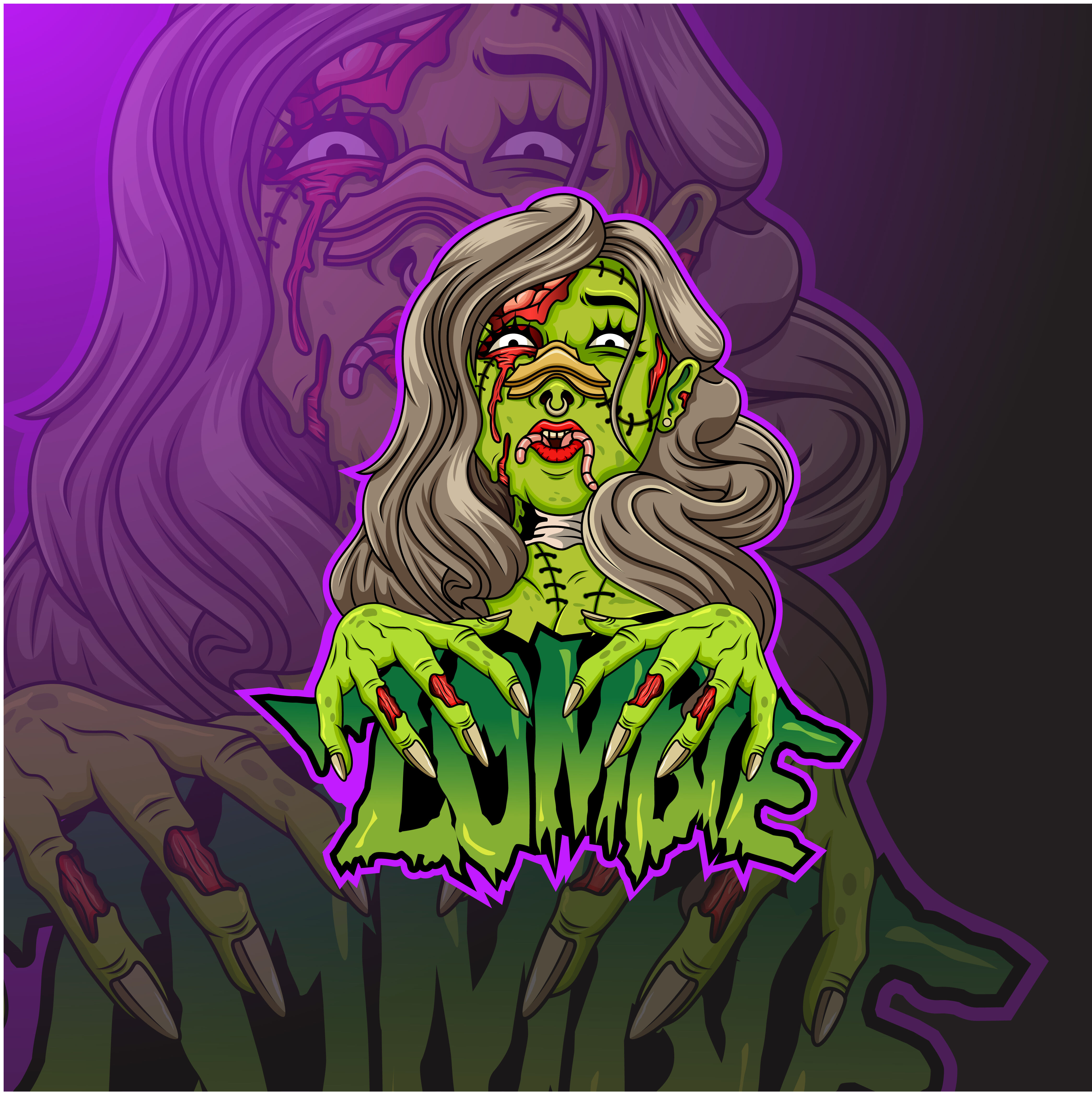 Scary zombie female cartoon head By Visink | TheHungryJPEG.com