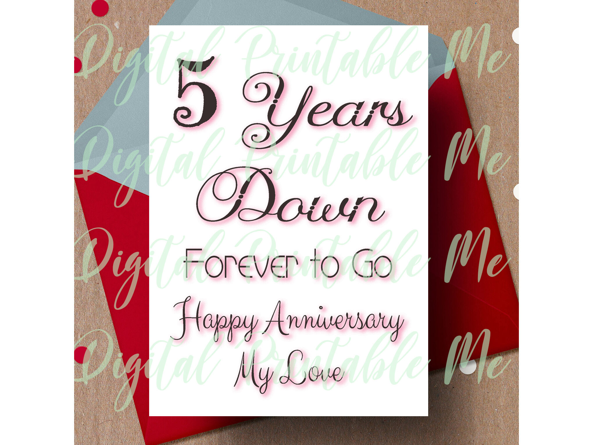 5th Anniversary Card Printable Fifth Anniversary Card 5 Year Anniver 