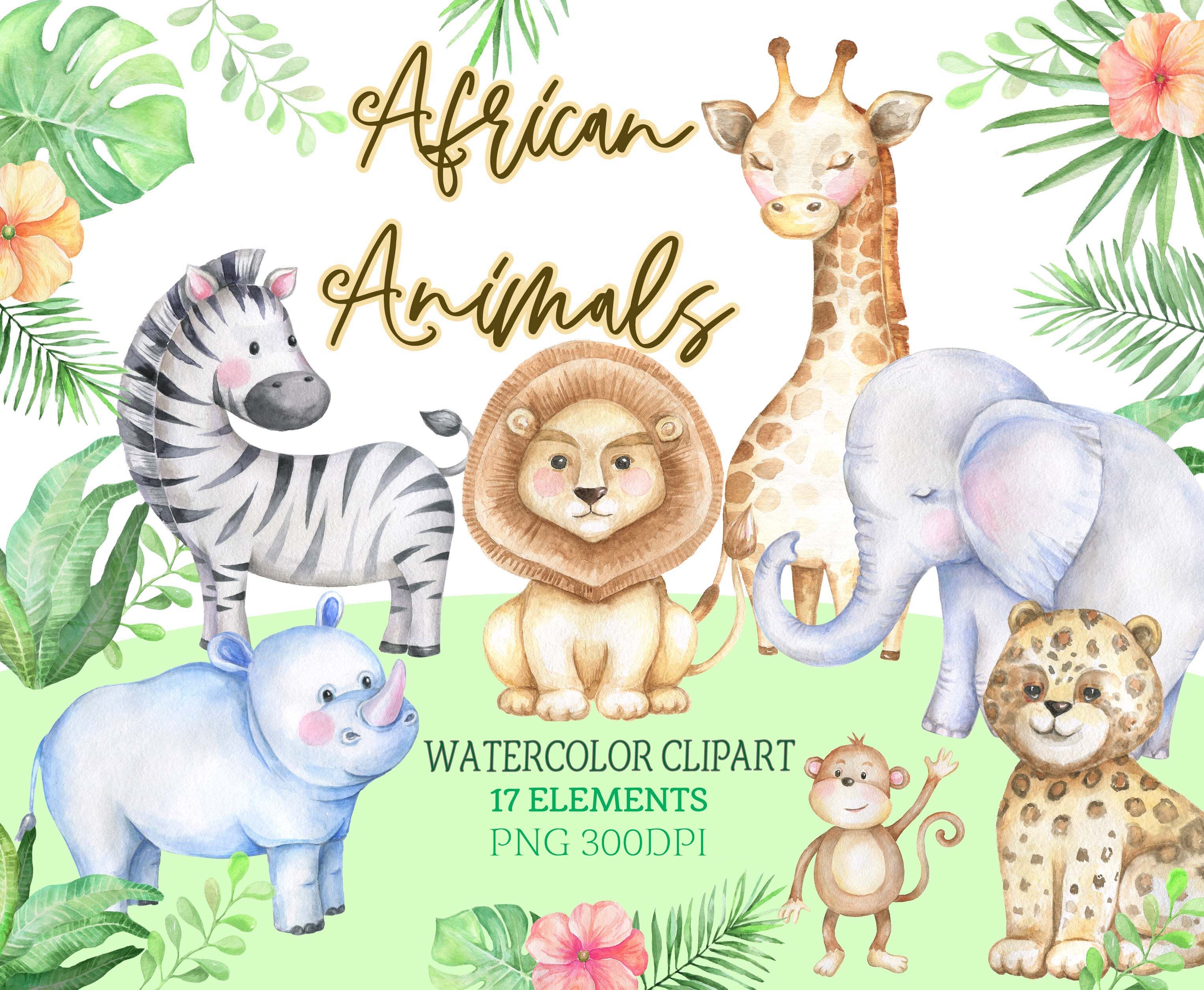 Watercolor african animals safari zoo clipart baby shower kid png Afri By  VilenaArt | TheHungryJPEG