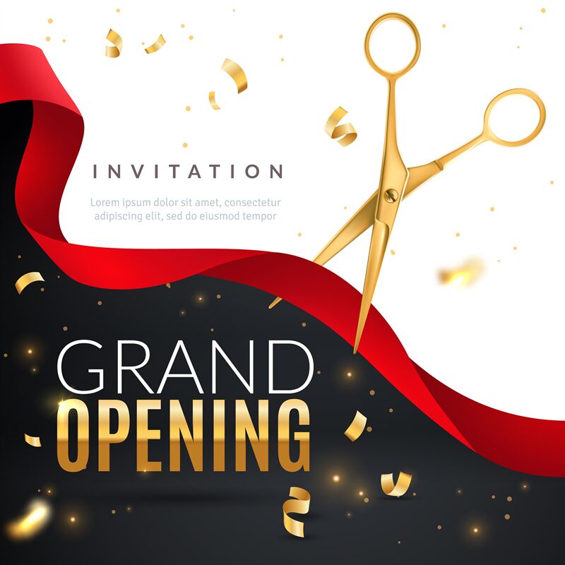 Grand Opening Golden Confetti And Scissors Cutting Red Silk Ribbon I