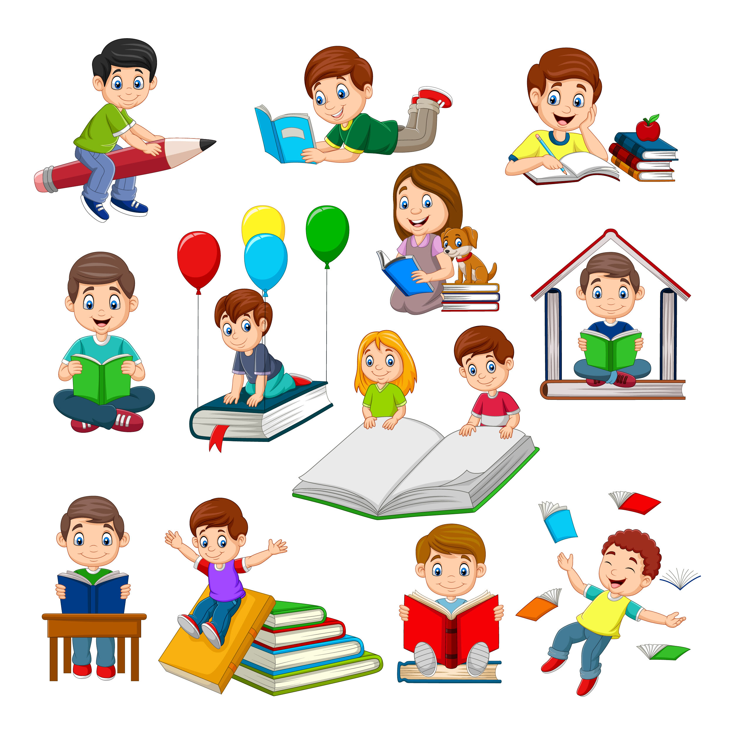 Cartoon school children reading book collection set By tigatelu |  TheHungryJPEG