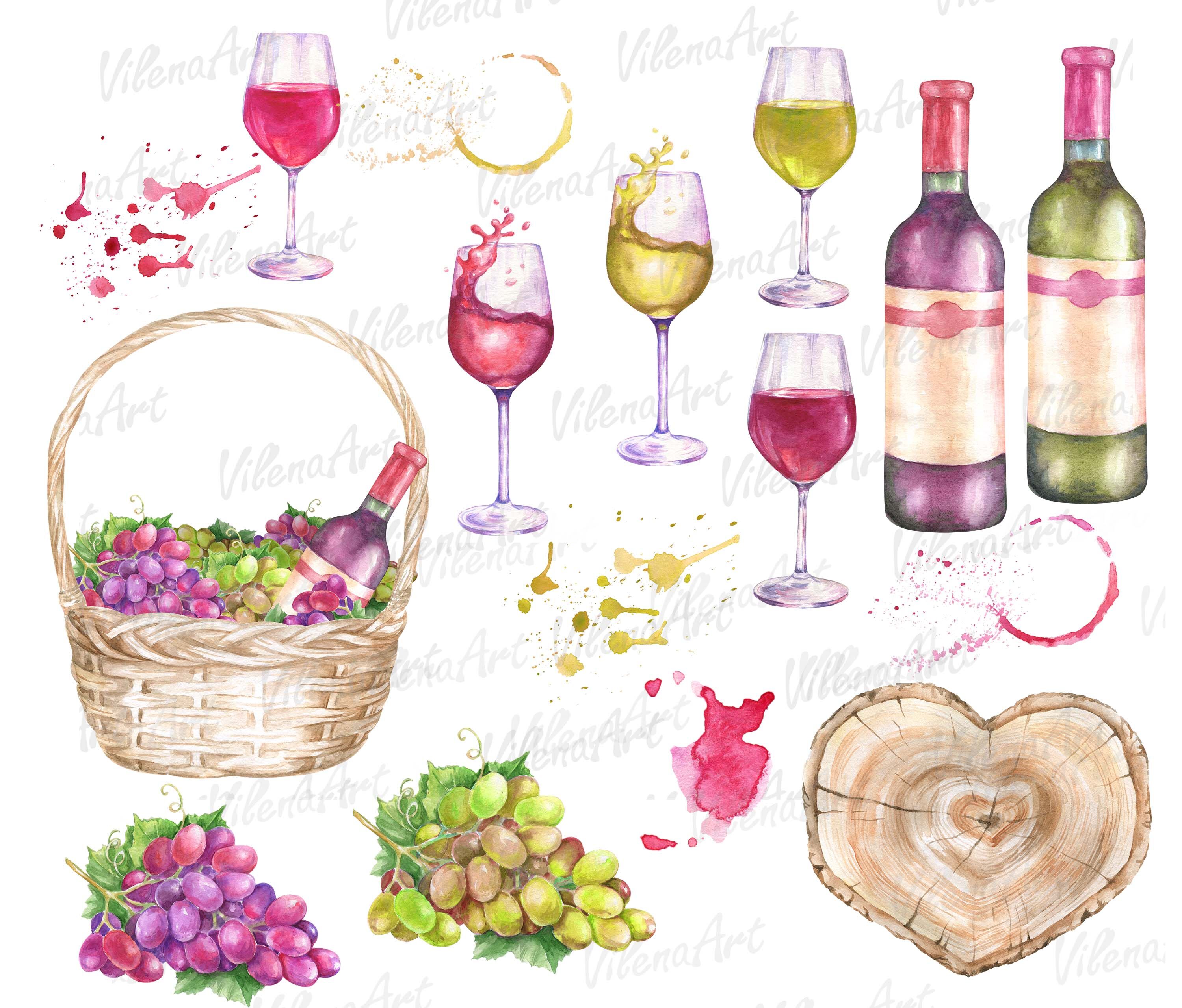 Watercolor Wine Grape Clipart Png Wineglass Glass Bottle By Vilenaart Thehungryjpeg Com