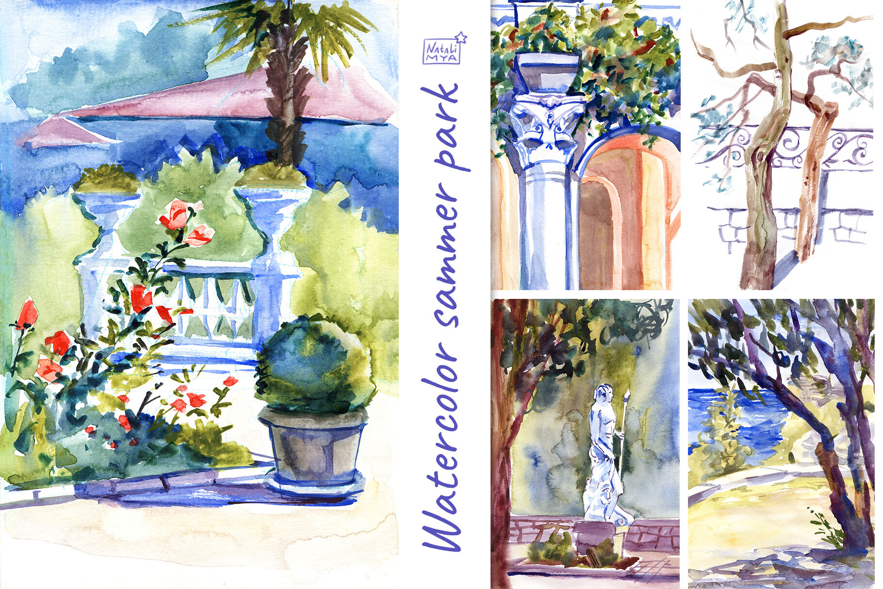 5 watercolor summer landscapes By aquarelloaquarelle | TheHungryJPEG.com