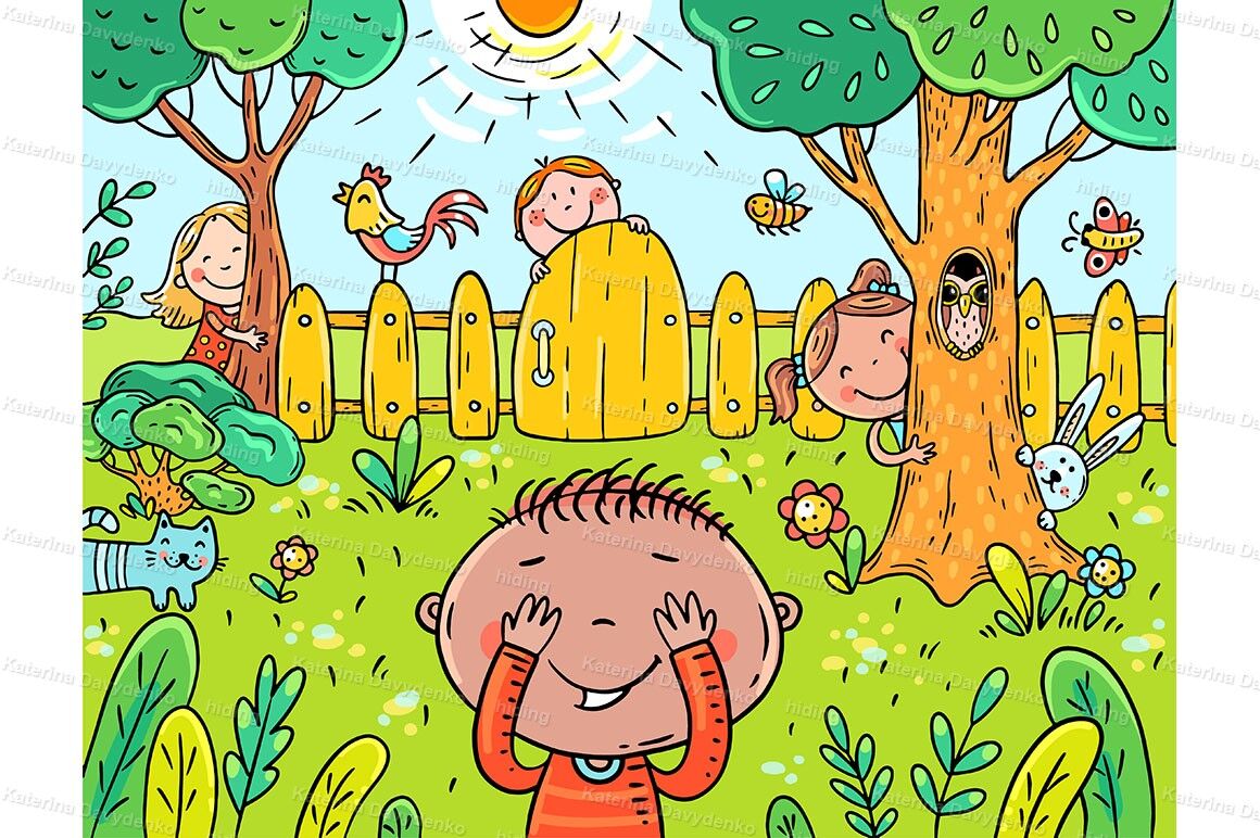 Vector illustration cartoon of children playing hide and seek in