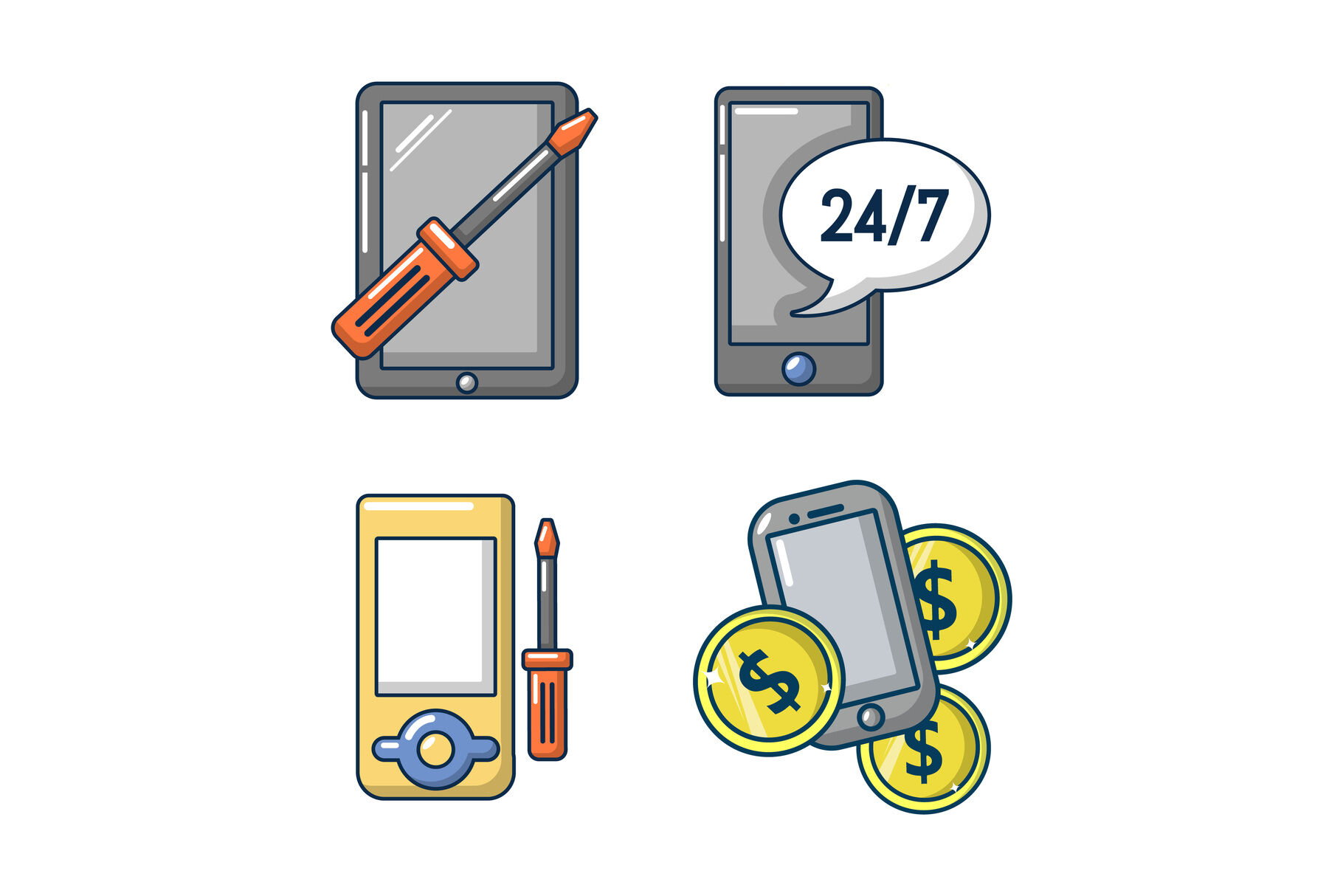 Smartphone icon set, cartoon style By Ylivdesign | TheHungryJPEG.com