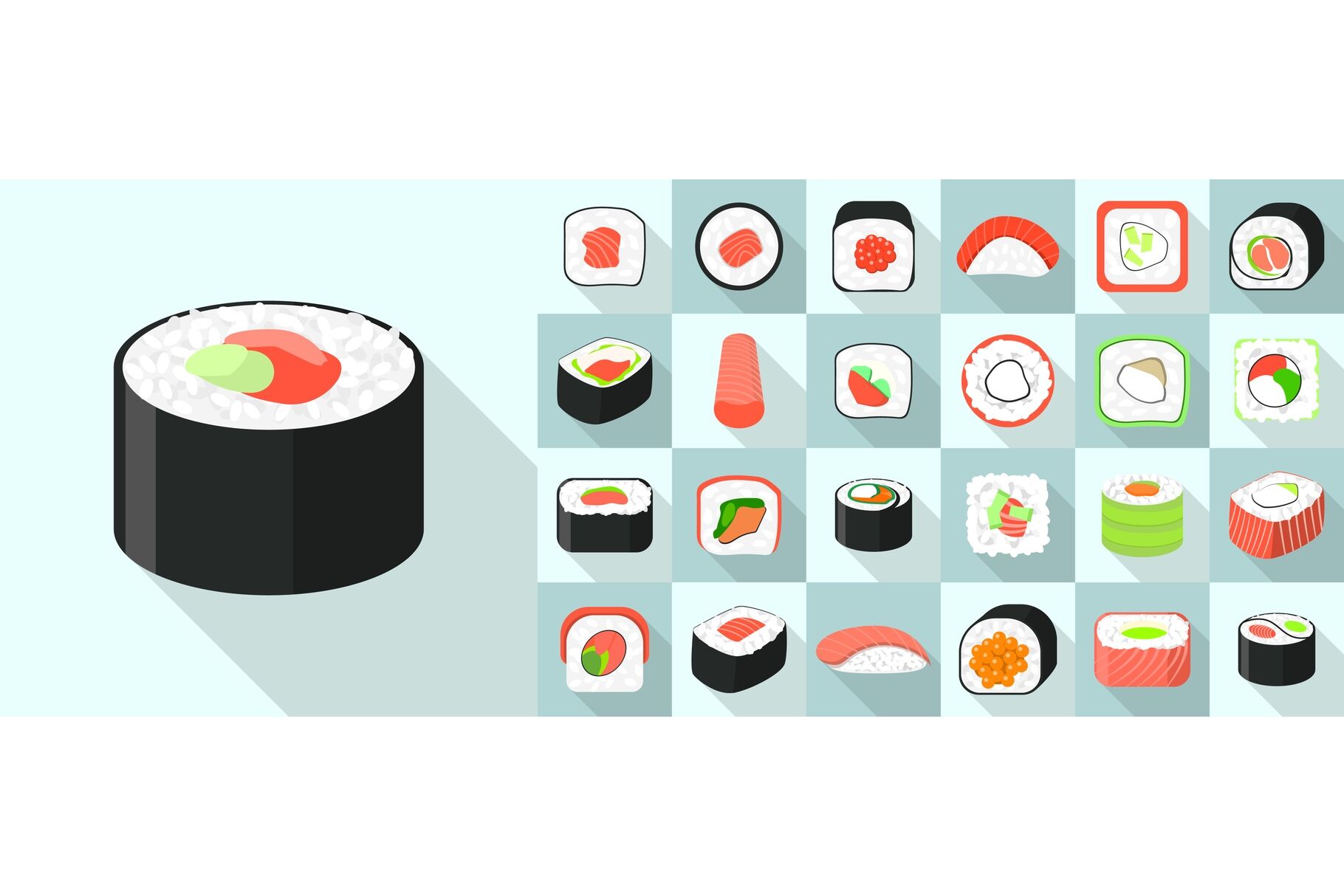 Иконки суши роллы плоские