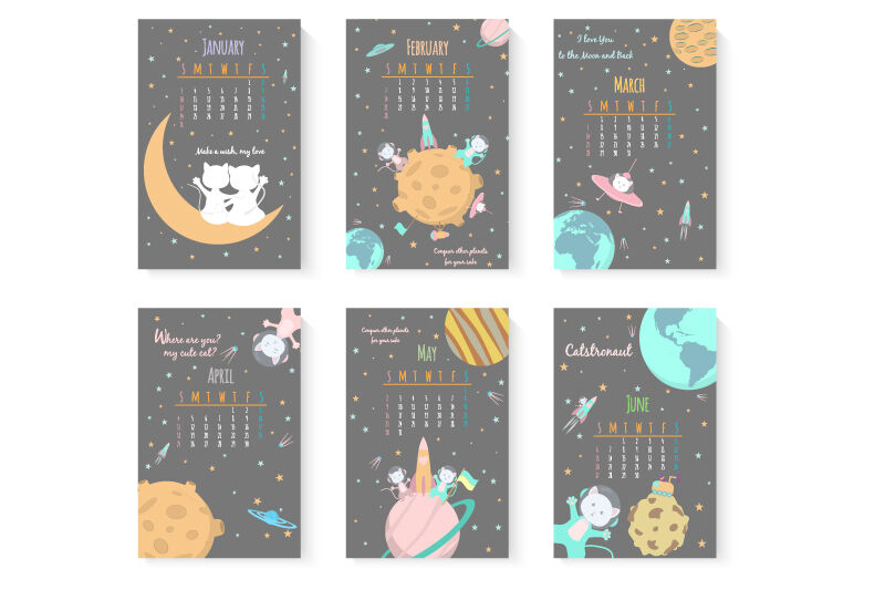 Cute Calendar For 2021 Cats Walk In Space Solar System By Nizhnik Thehungryjpeg Com