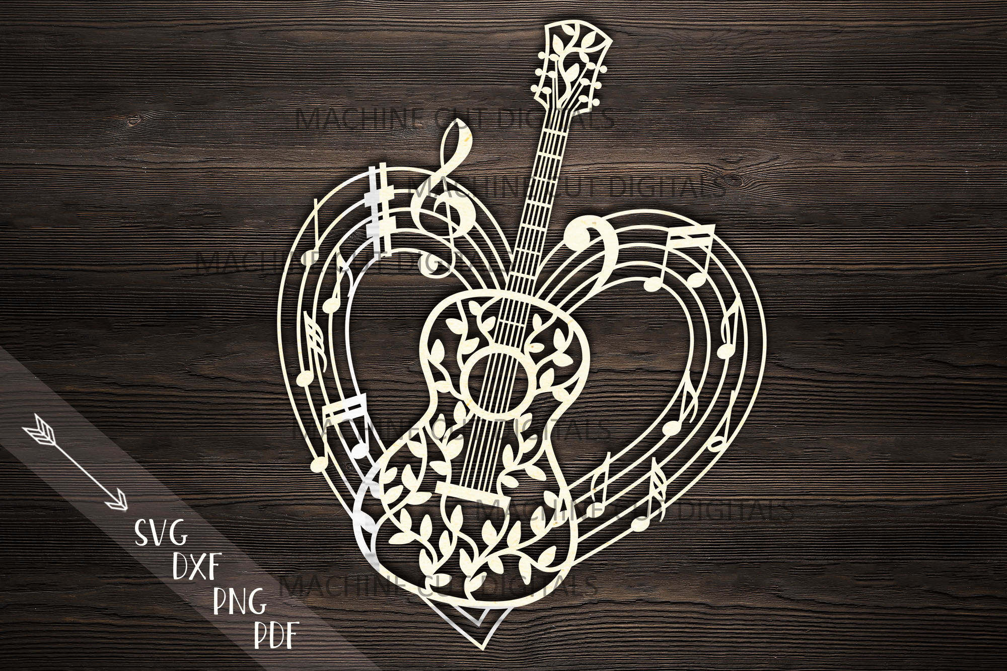 Guitar musical heart shape svg dxf laser cut out template By
