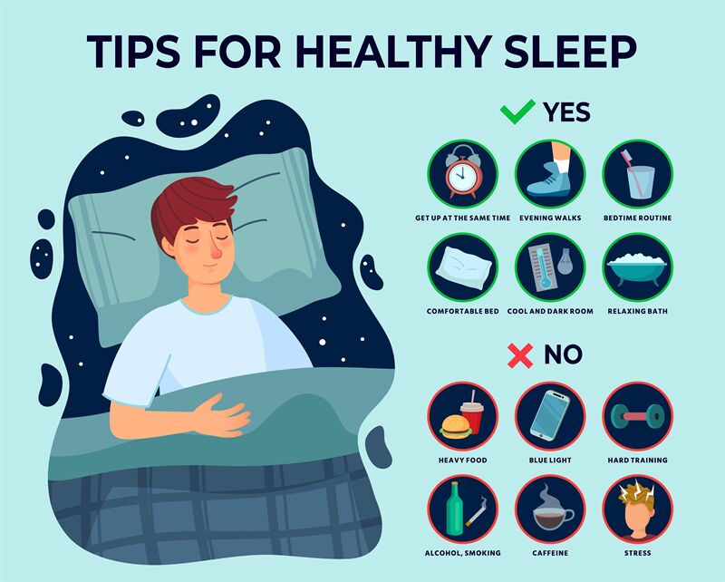 Healthy sleep tips infographics. Causes of insomnia, good sleep rules