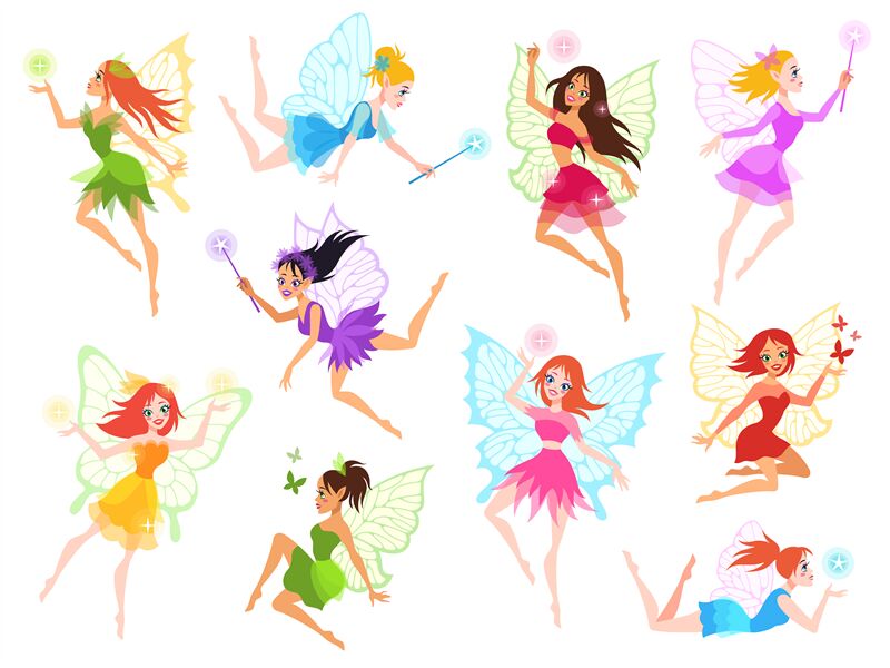 Fairy. Magical little fairies in different color dresses with wings, m ...