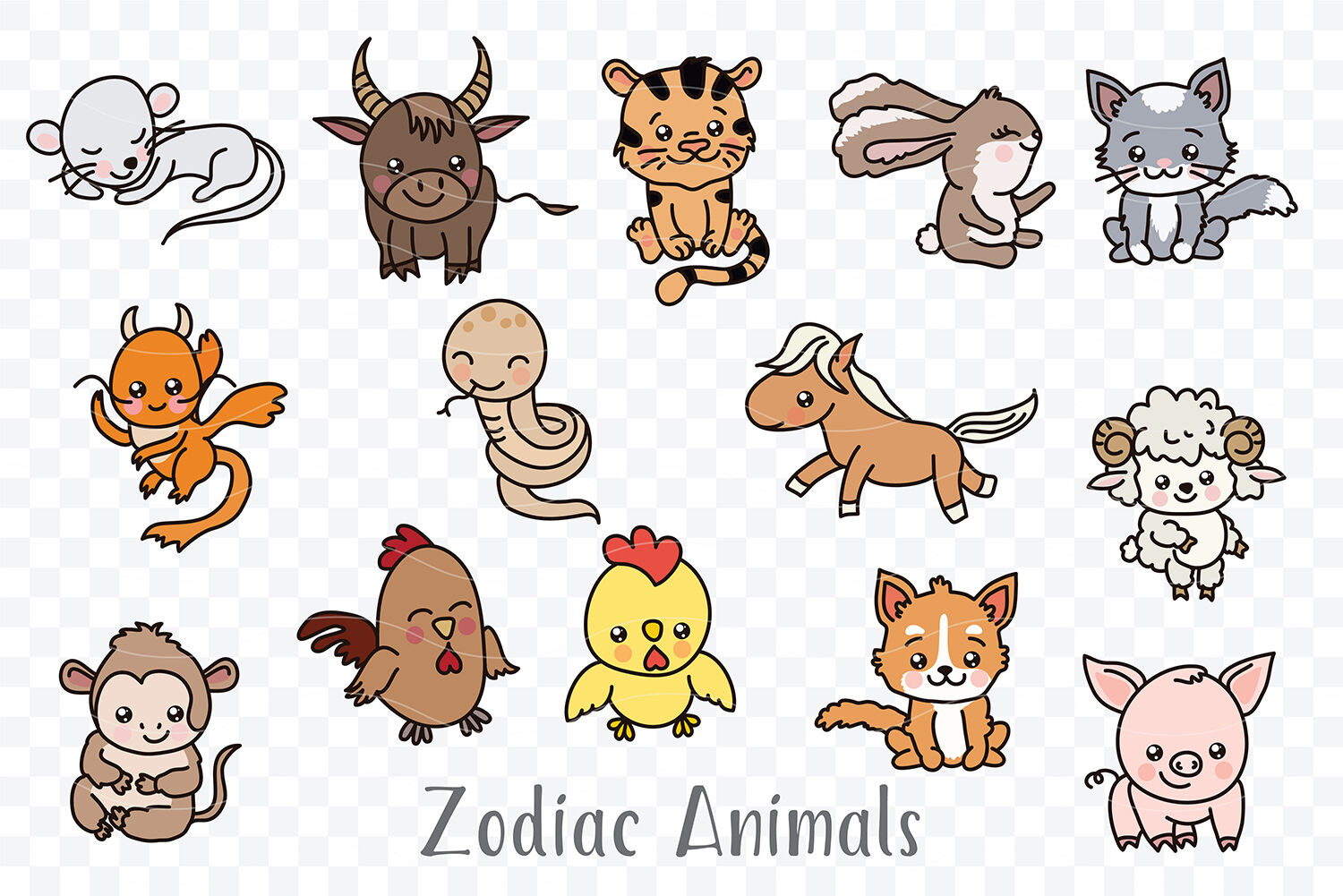 Chinese New Year Kawaii Zodiac Animals Clipart By RaSveta