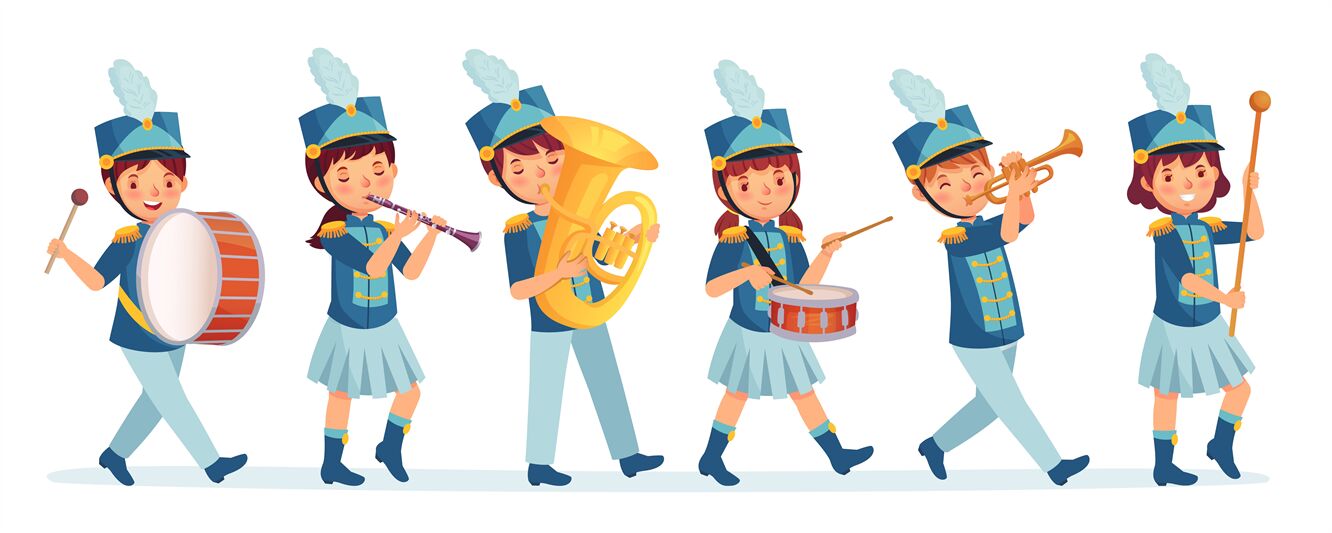 Cartoon kids marching band parade. Child musicians on march, childrens ...