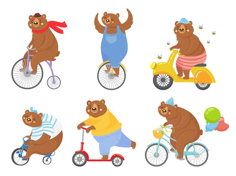 Cartoon biked bear. Bears on children tricycle, unicycle and retro bic By  Tartila | TheHungryJPEG