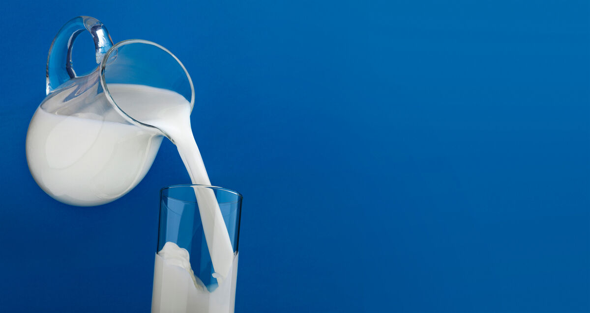 Pouring milk in glass isolated on blue background By Xamtiw | TheHungryJPEG