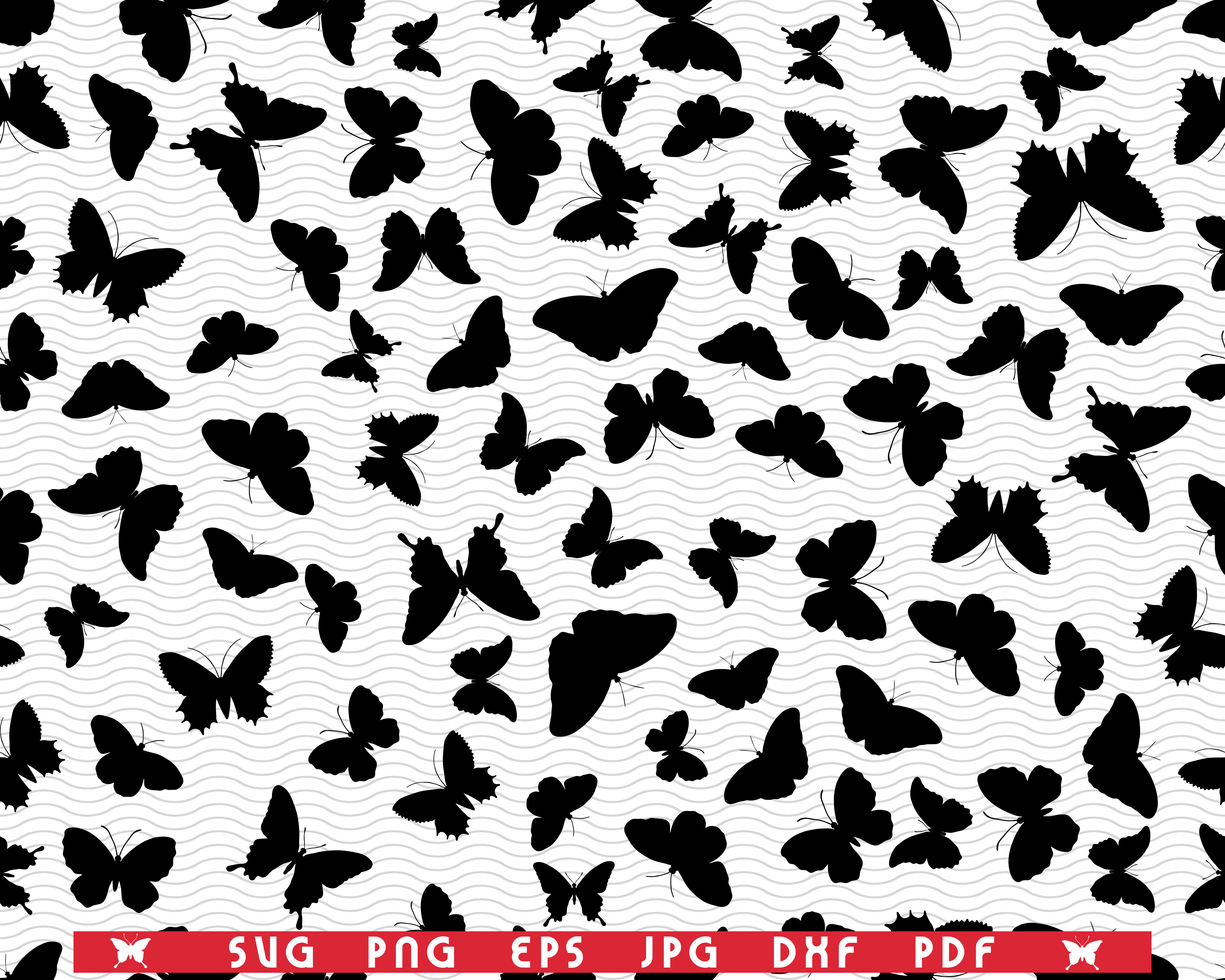SVG Butterflies , Seamless pattern, Black Silhouettes on white By
