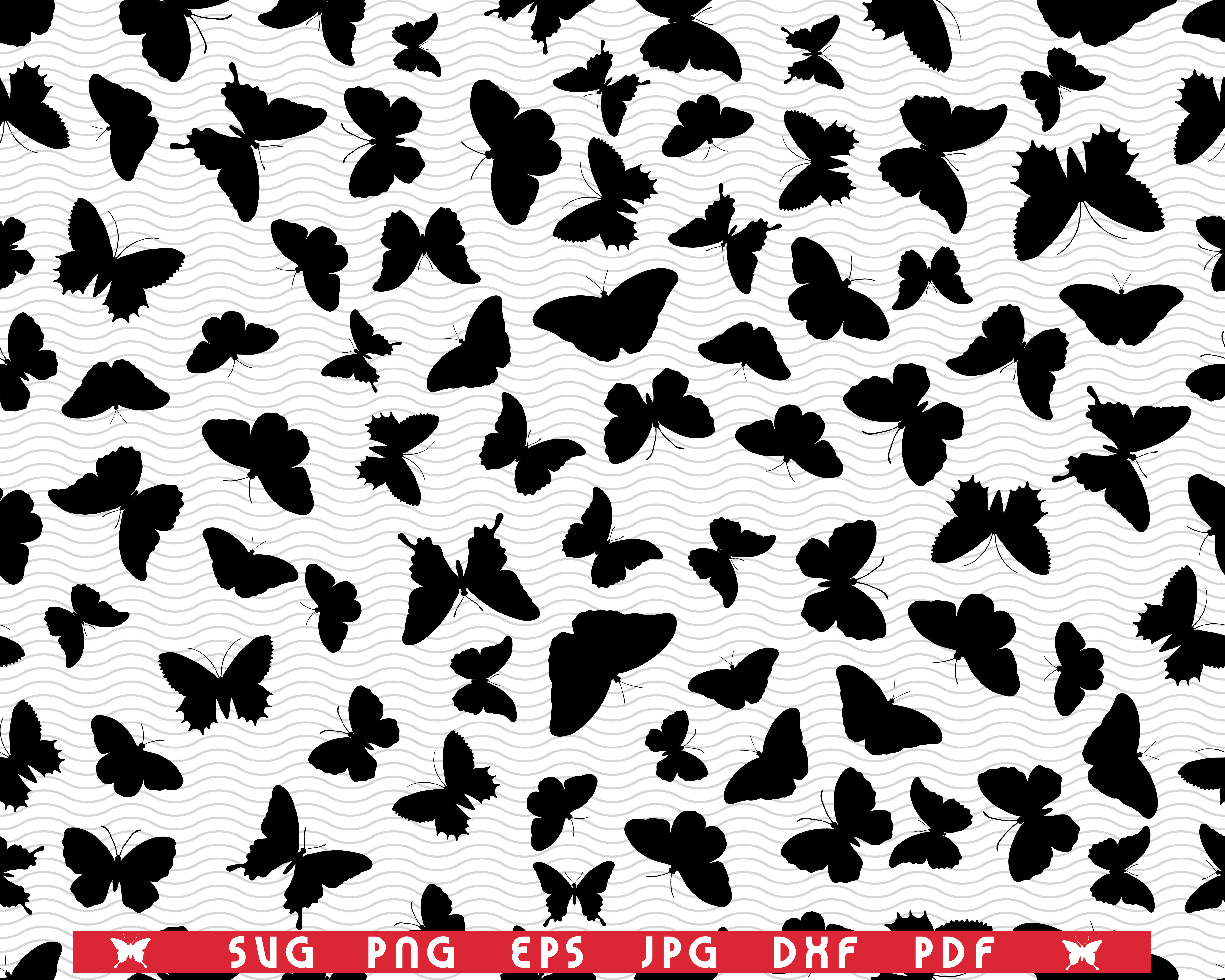 Svg Butterflies Seamless Pattern Black Silhouettes On White By Designstudiorm Thehungryjpeg Com