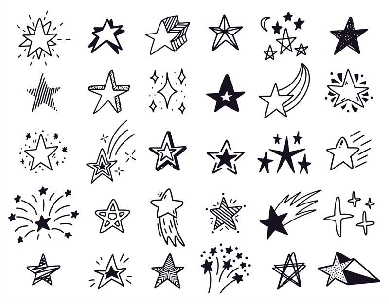 Doodle stars. Hand drawn sketch stars, starry doodles drawing icons. S ...