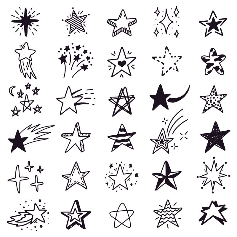 Hand drawn star sketch. Doodle stars sketch, drawing ink starburst and