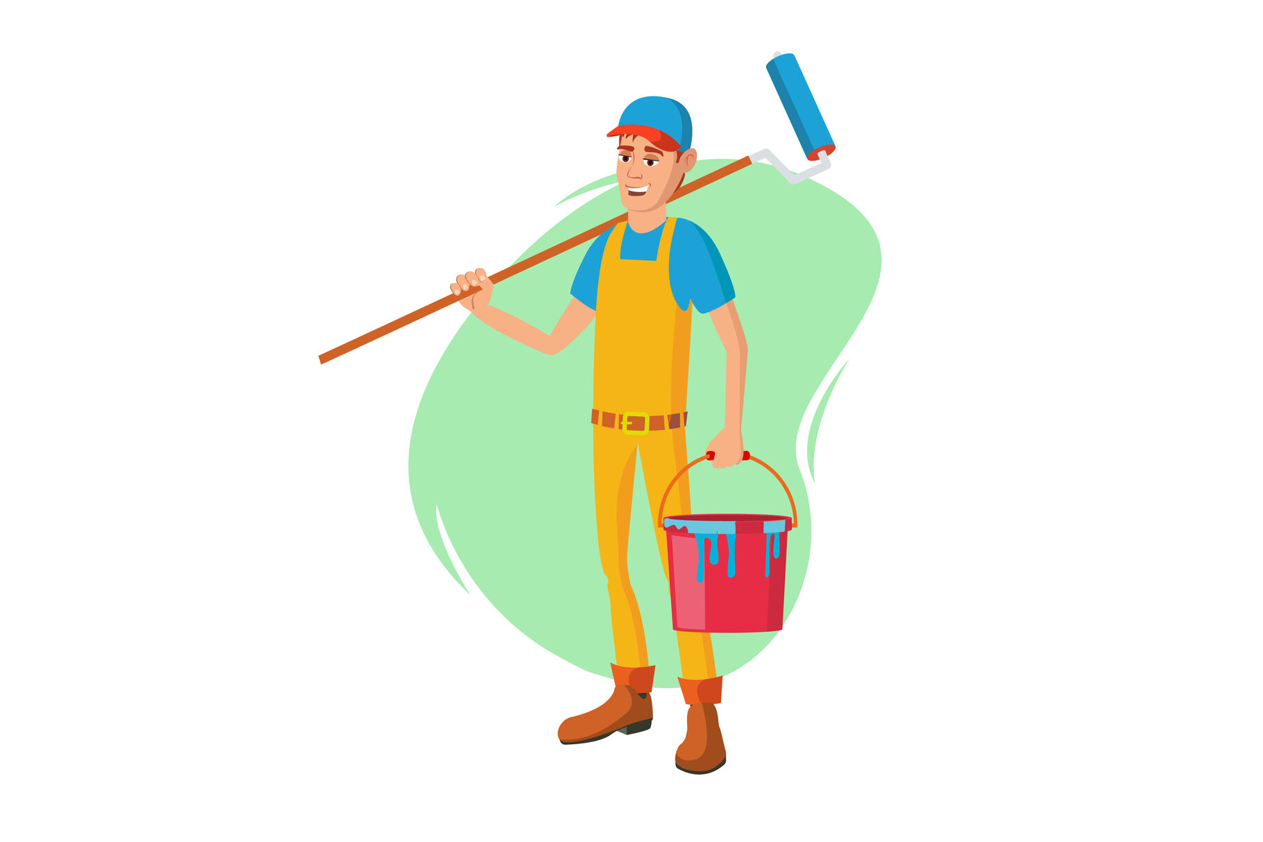 Male House Painter Vector. Classic Paintbrush. Paint Concept Of House