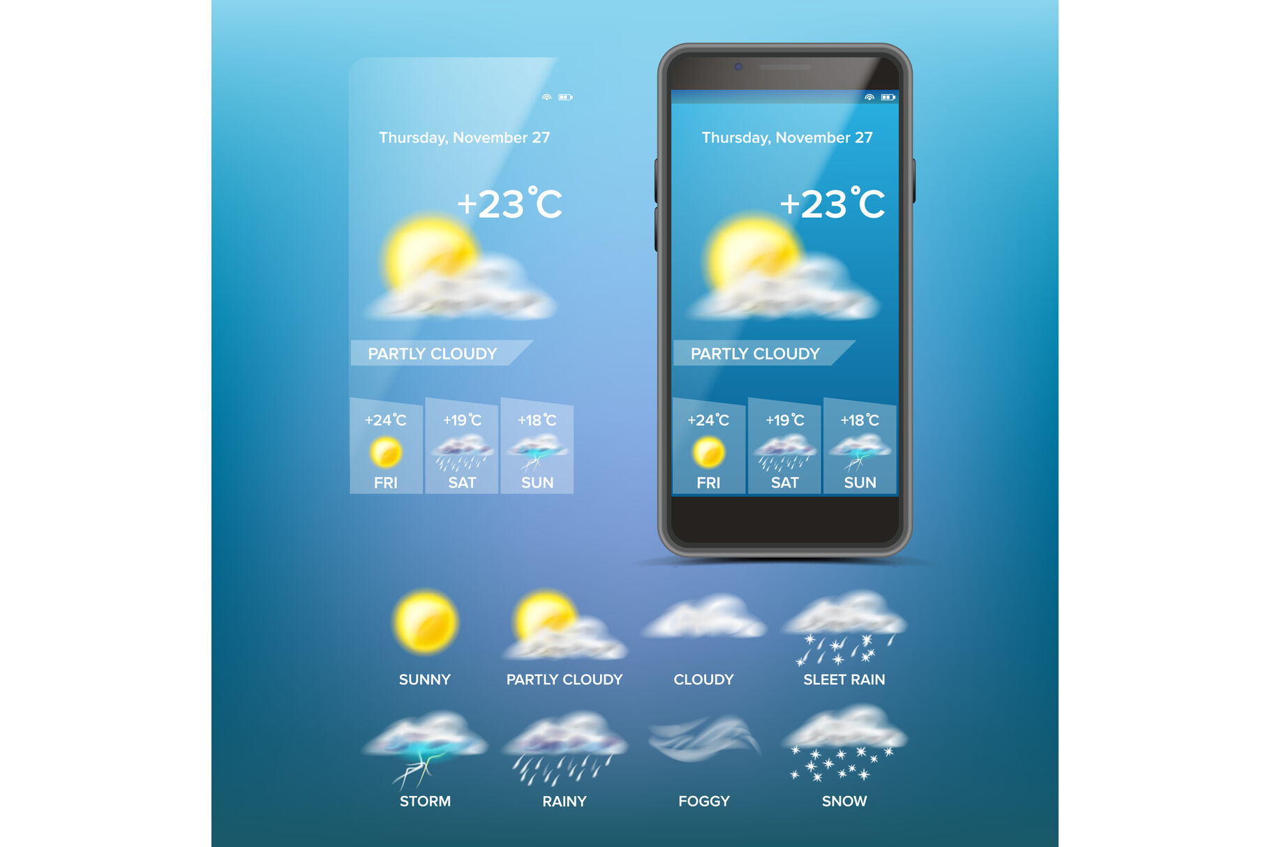 Weather Forecast App Vector. Weather Icons Set. Blue Background. Mobile  Weather Application Screen. Illustration By Pikepicture | TheHungryJPEG