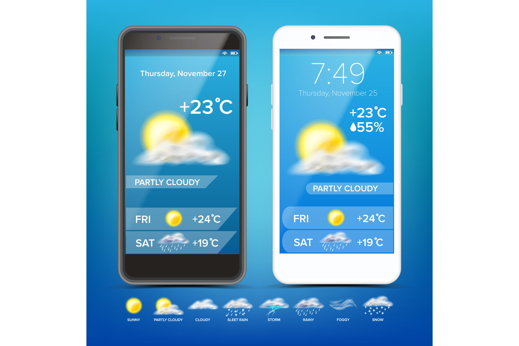 Weather Forecast App Vector. Realistic Smartphone. Weather App With Icons.  Weather Icons Set. Blue Background. Mobile Weather Application Screen.  Design Element Illustration By Pikepicture | TheHungryJPEG