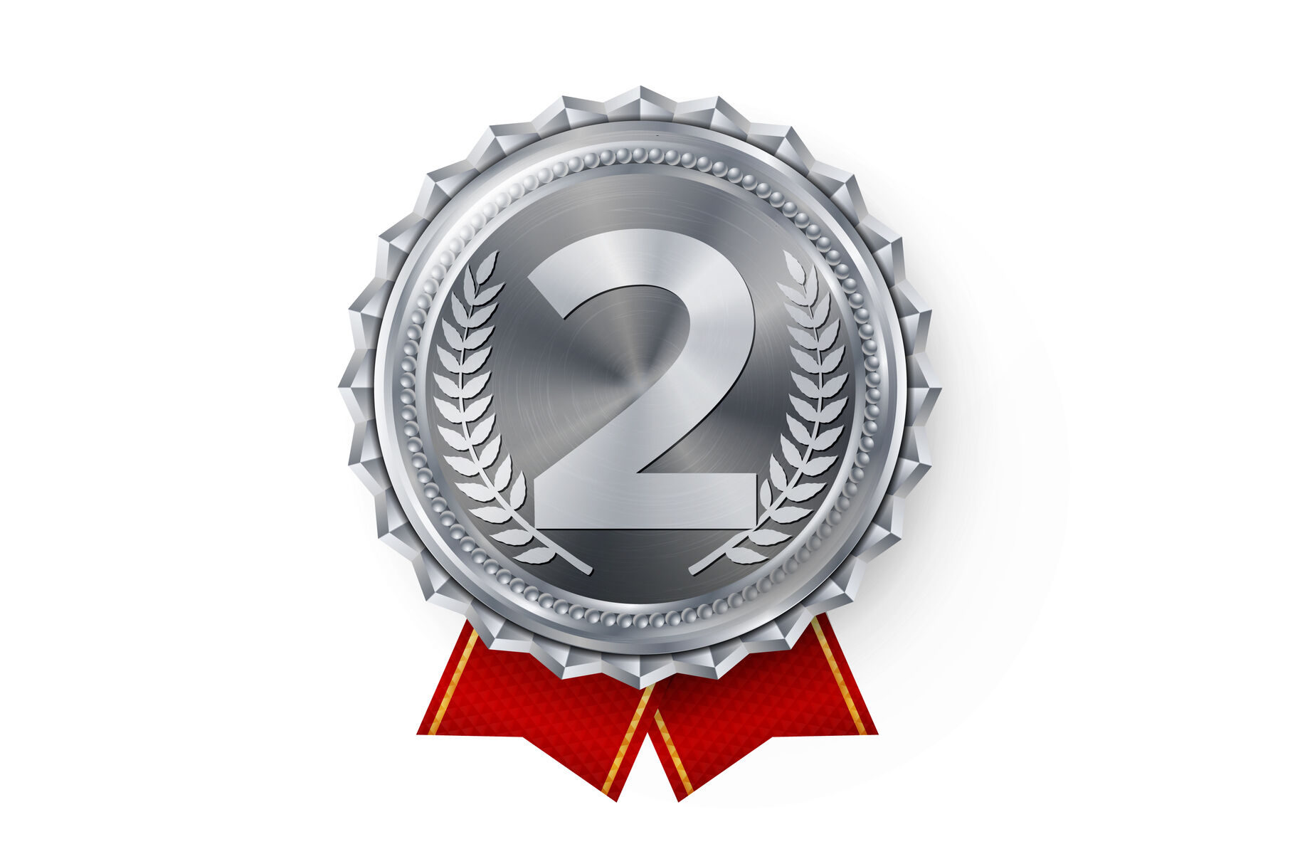 Silver Medal Vector. Best First Placement. Winner, Champion, Number One.  2nd Place Achievement. Metallic Winner Award. Red Ribbon. Isolated On White  Background. Realistic Illustration. By Pikepicture