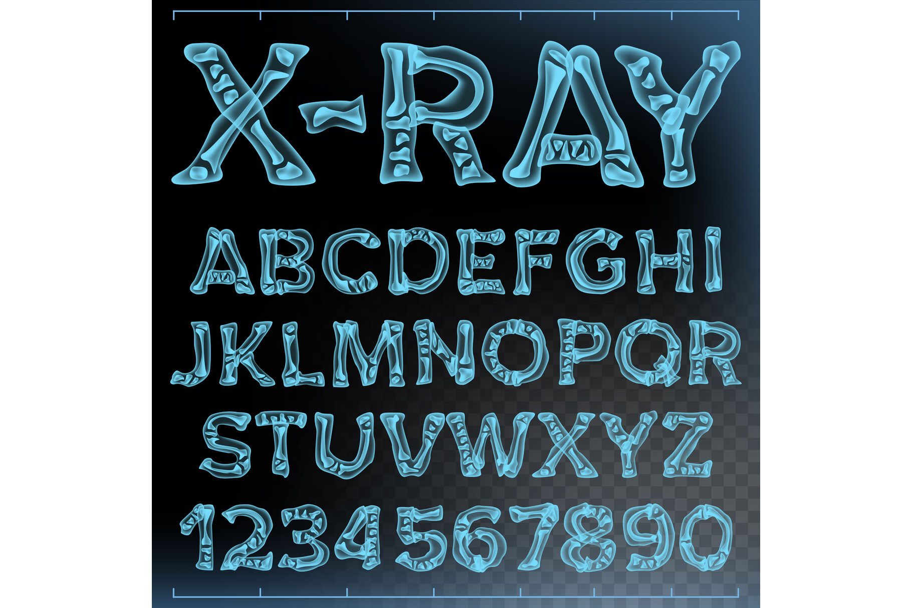 X Ray Font Vector Transparent Roentgen Alphabet Radiology 3d Scan Abc Blue Bone Medical Typography Capitals Letters And Numbers Isolated Illustration By Pikepicture Thehungryjpeg Com