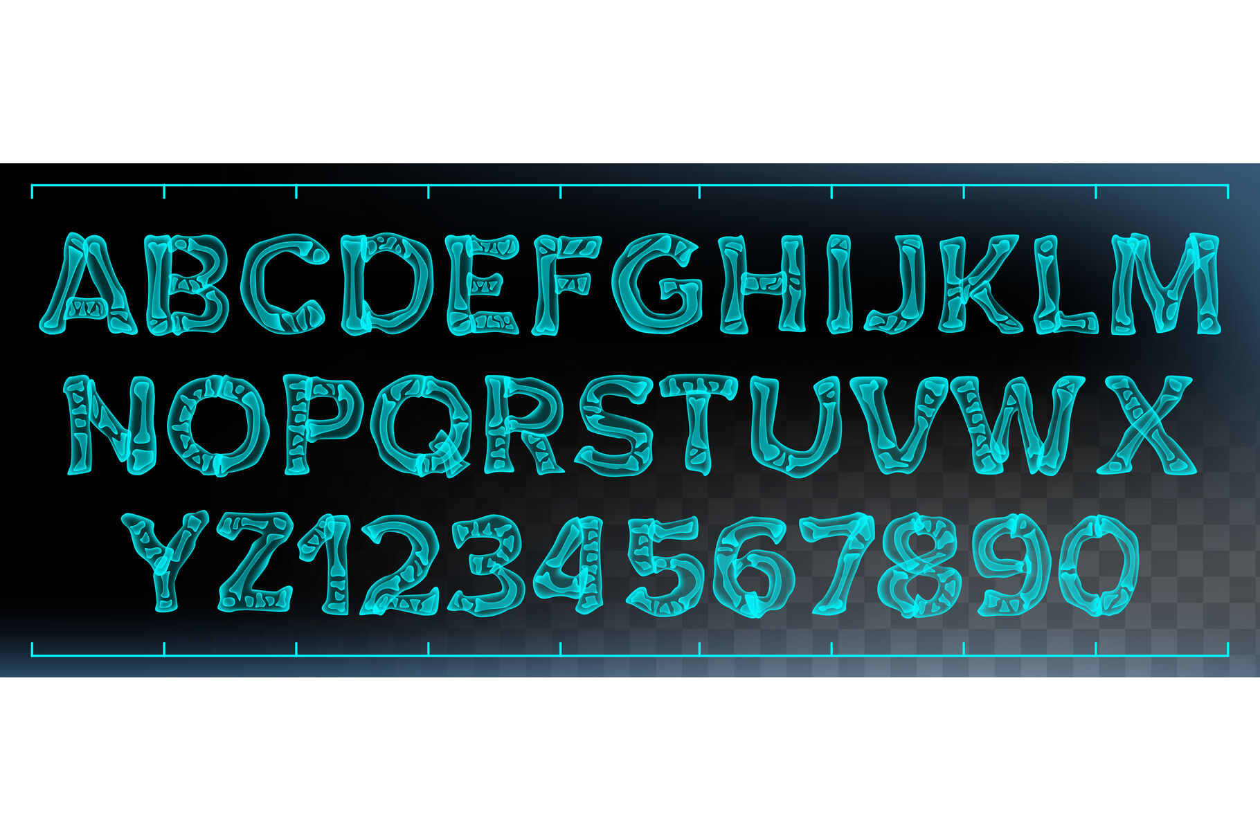 X Ray Font Vector Transparent Roentgen Decorative Alphabet Radiology Neon Scan Effect Blue Bone Futuristic Medical Light Typography Capitals Letters And Numbers Isolated Typeset Illustration By Pikepicture Thehungryjpeg Com