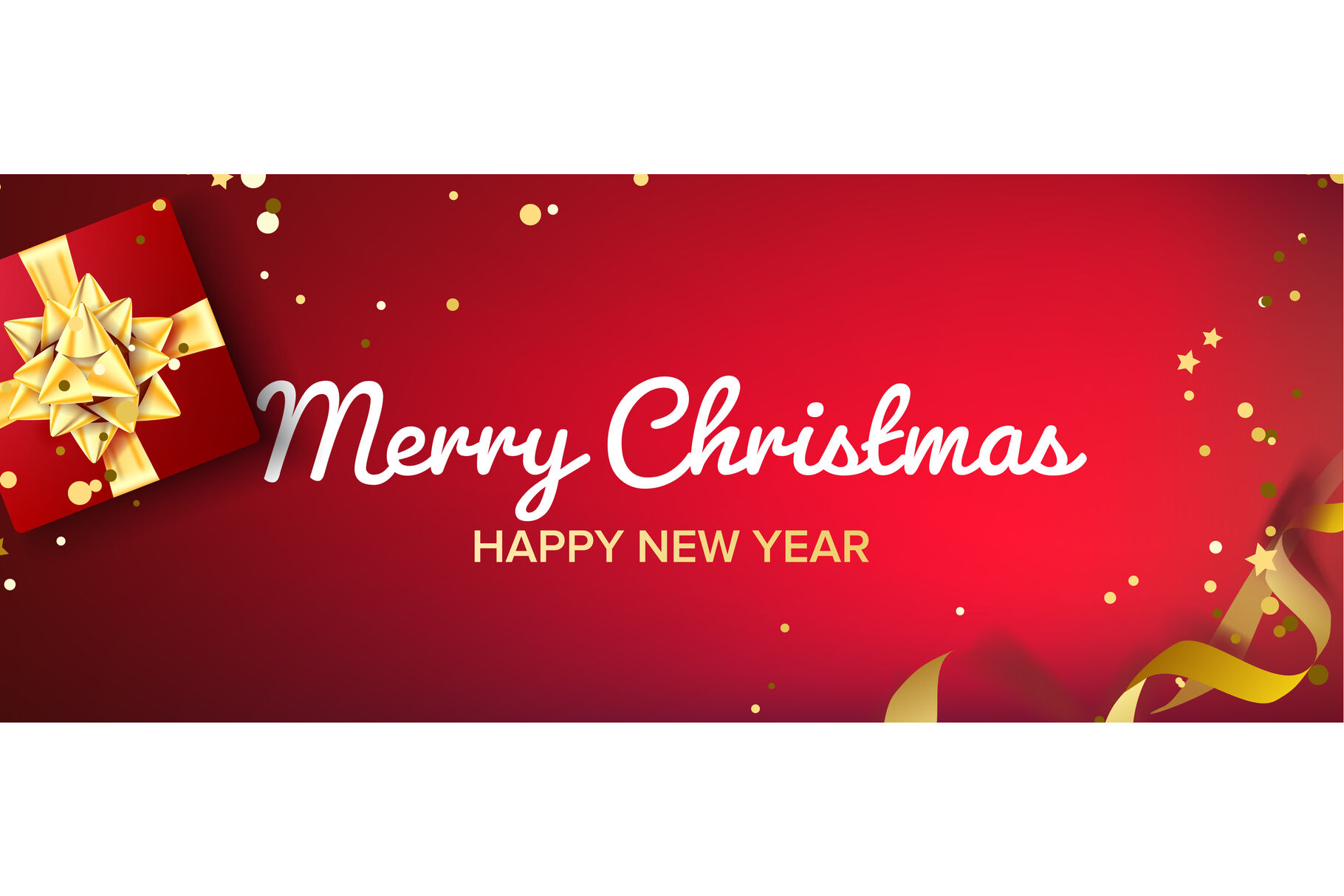 Merry Christmas Banner Vector Gifts Box With Gold Bow Red Horizontal Background Illustration By Pikepicture Thehungryjpeg Com
