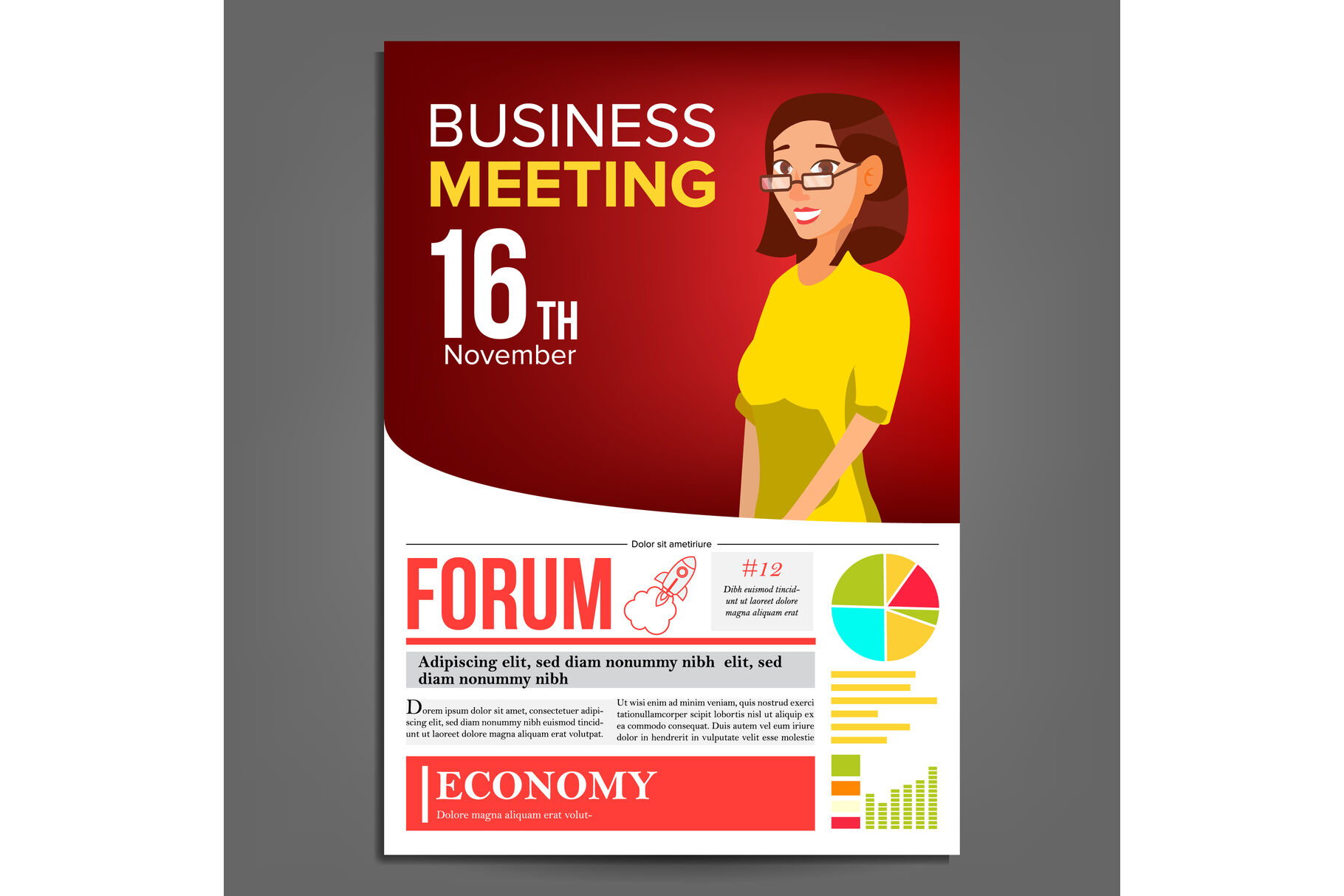 Business Meeting Poster Vector Business Woman Layout Presentation Concept Red Yellow Corporate Banner Template A4 Size Conference Hall Illustration By Pikepicture Thehungryjpeg Com