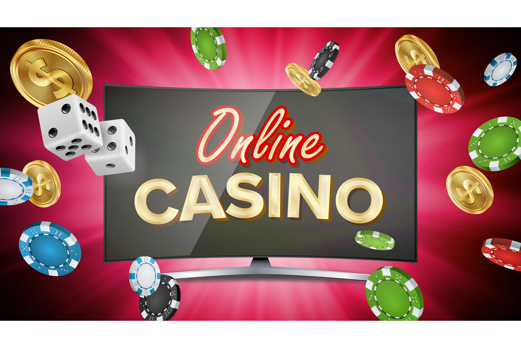 Online Casino Vector. Banner With Computer Monitor. Online Poker Gambling  Casino Banner Sign. Bright Chips, Dollar Coins, Banknotes. Illustration By  Pikepicture | TheHungryJPEG