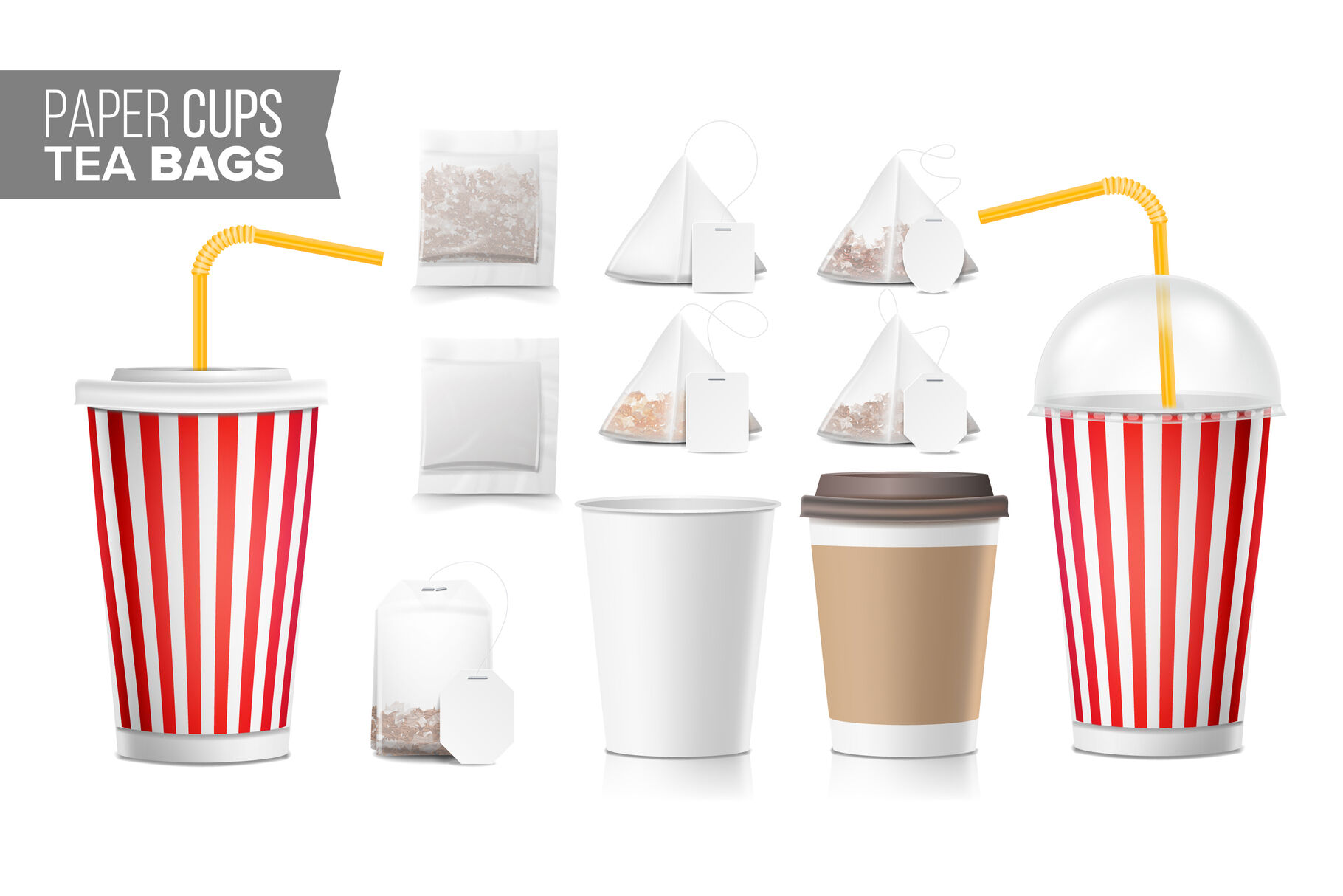 Download Realistic Blank Ocher Paper Cups Vector Tea Bags Mock Up Coffee Cup Blank Soda Soft Drinks Cup Template Tube Straw 3d Object Isolated On White Fast Food Illustration By Pikepicture Thehungryjpeg Com