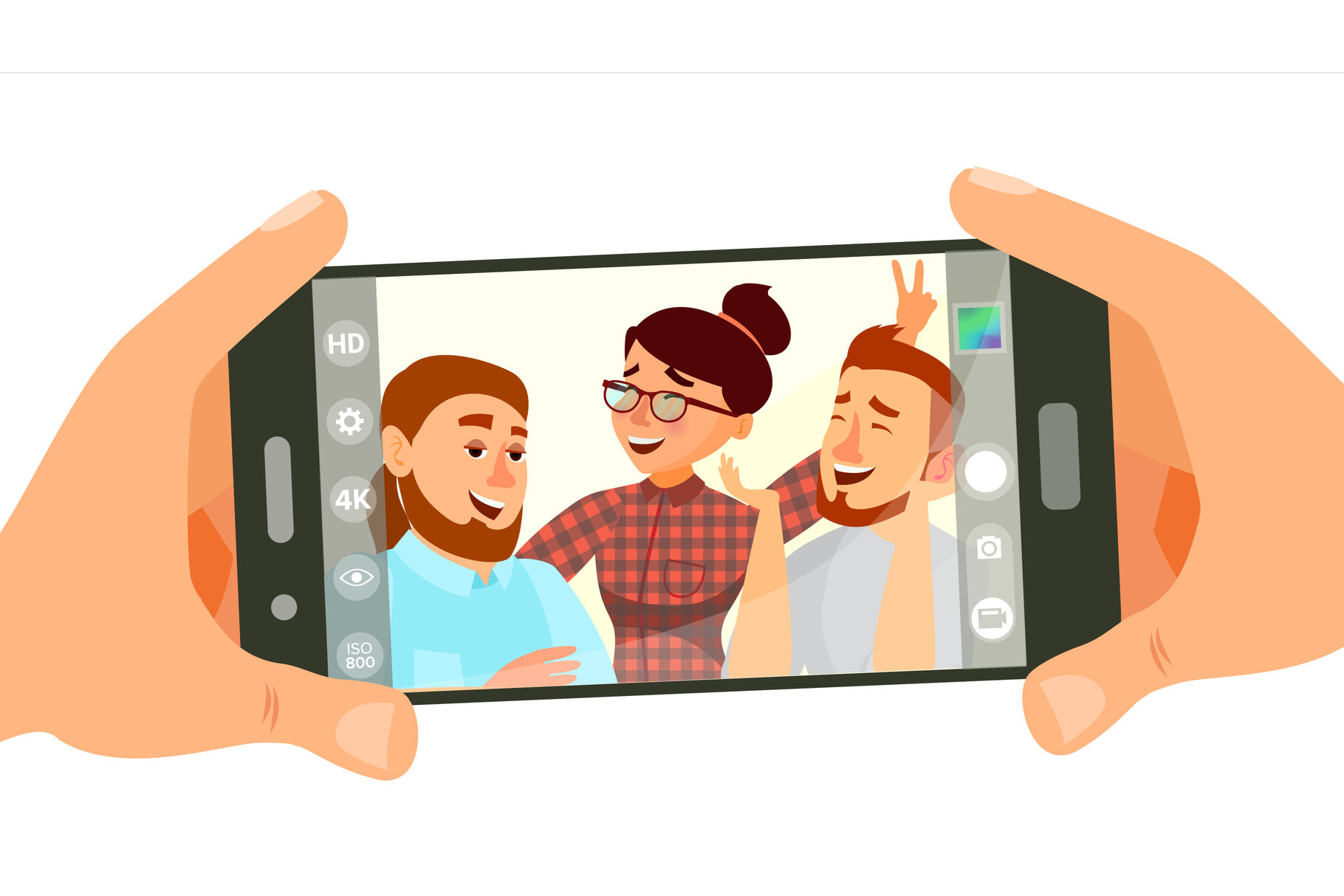 Taking Photo On Smartphone Vector. Smiling People. Modern Friends ...
